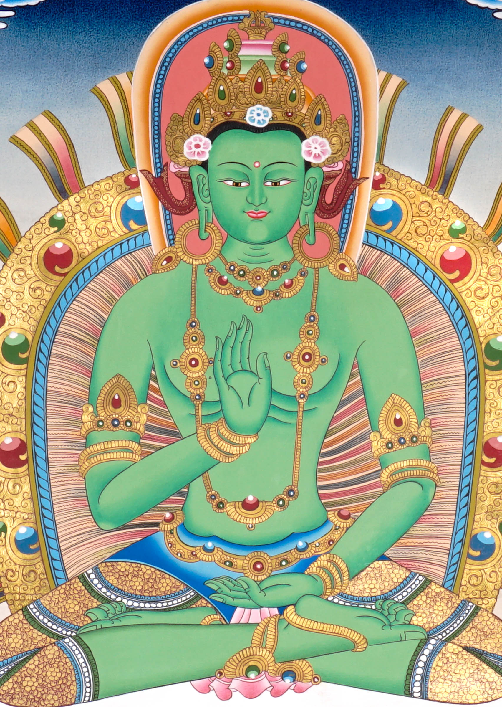 Newari Five Dhyani Buddhas thangka set depicting Amitabha, Vairocana, Akshobhya, Ratnasambhava, and Amoghasiddhi seated on lotus thrones with jeweled halos and traditional Vajrayana Buddhist symbolism.