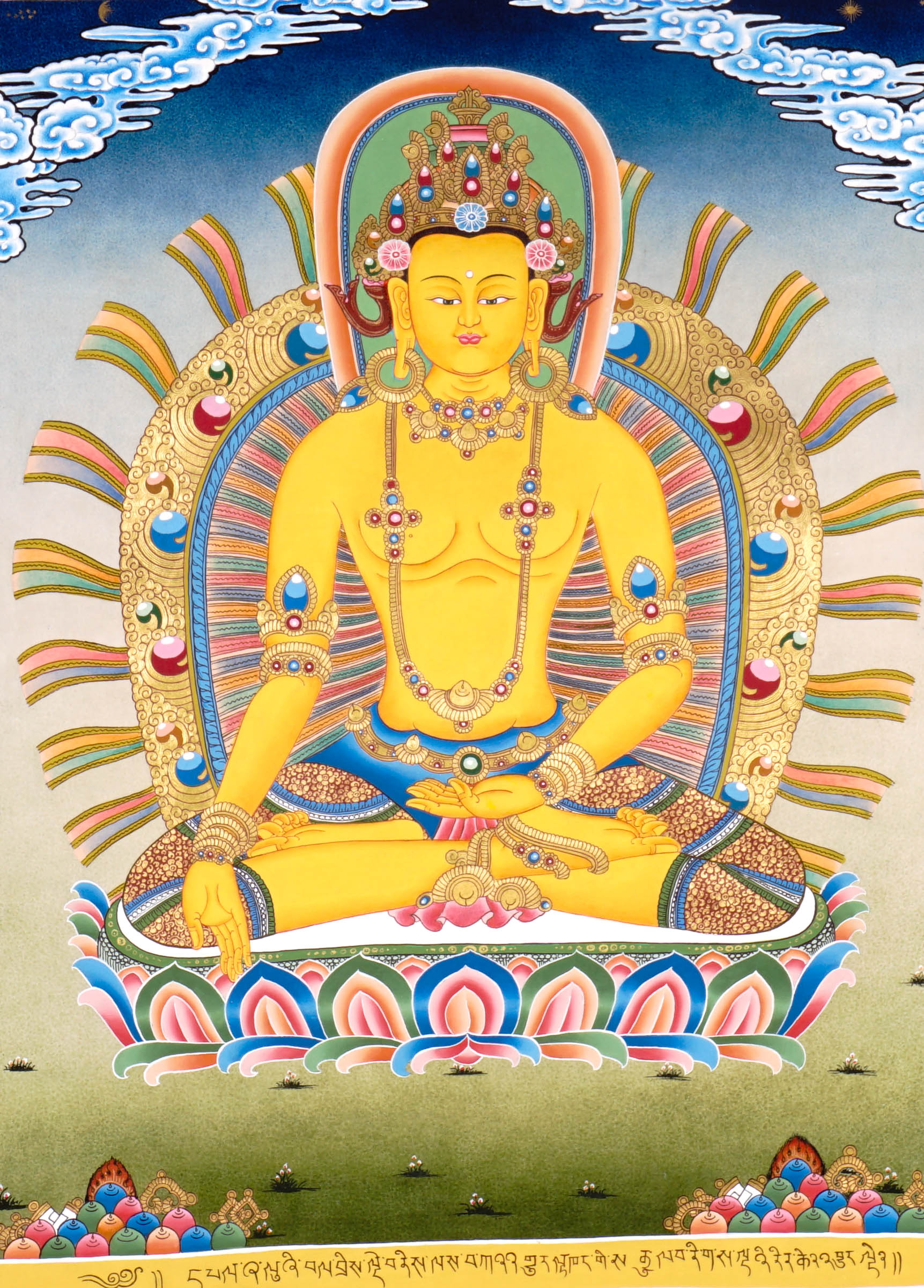 Newari Five Dhyani Buddhas thangka set depicting Amitabha, Vairocana, Akshobhya, Ratnasambhava, and Amoghasiddhi seated on lotus thrones with jeweled halos and traditional Vajrayana Buddhist symbolism.