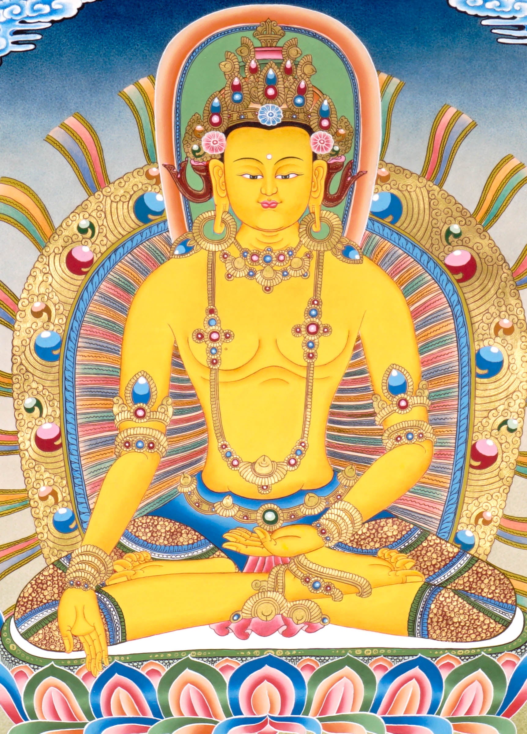 Newari Five Dhyani Buddhas thangka set depicting Amitabha, Vairocana, Akshobhya, Ratnasambhava, and Amoghasiddhi seated on lotus thrones with jeweled halos and traditional Vajrayana Buddhist symbolism.