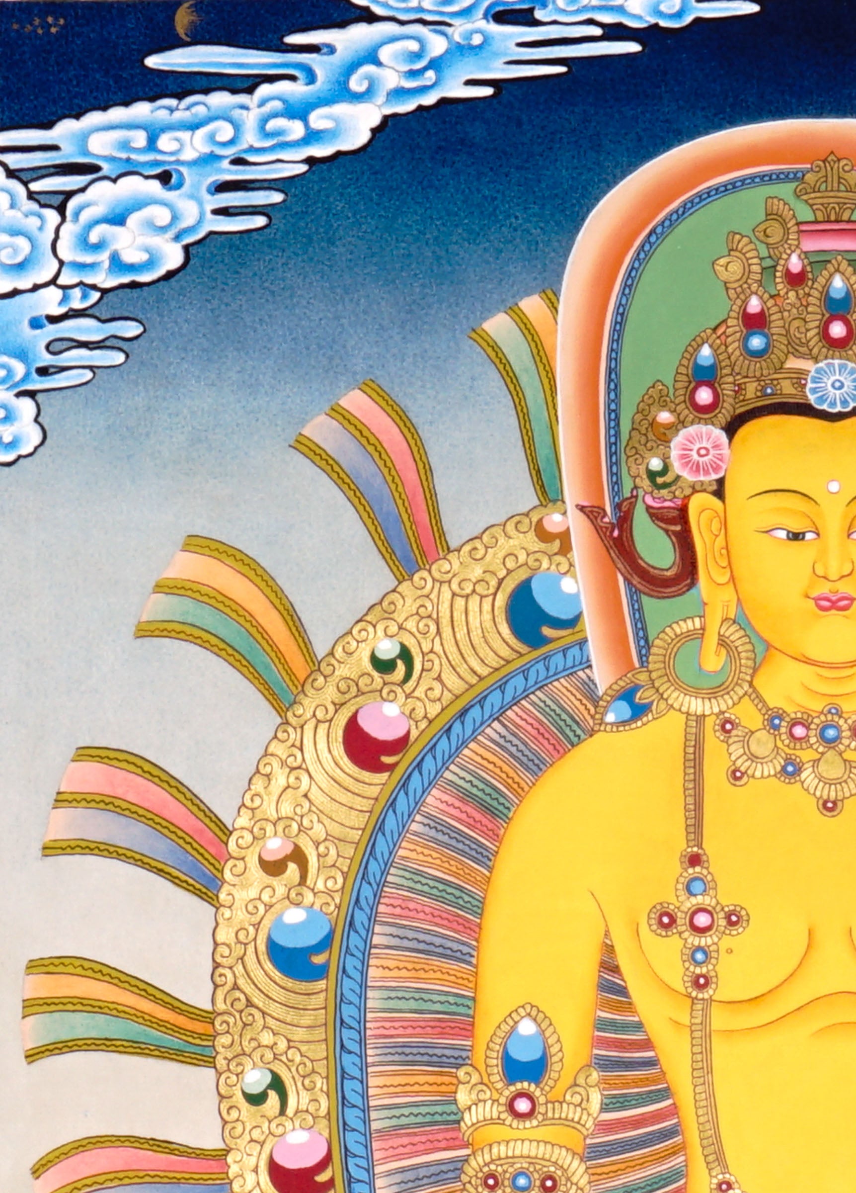 Newari Five Dhyani Buddhas thangka set depicting Amitabha, Vairocana, Akshobhya, Ratnasambhava, and Amoghasiddhi seated on lotus thrones with jeweled halos and traditional Vajrayana Buddhist symbolism.