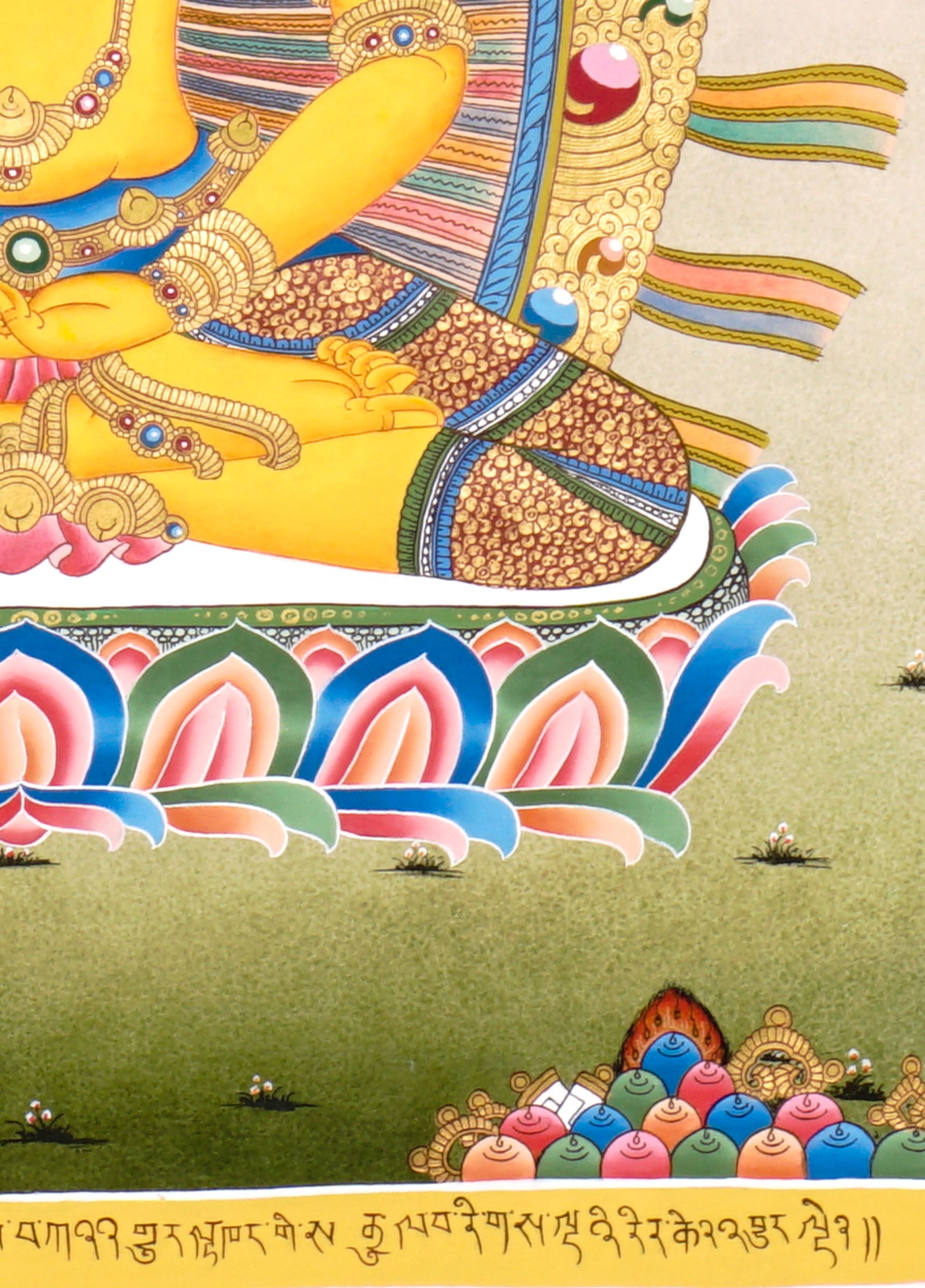Newari Five Dhyani Buddhas thangka set depicting Amitabha, Vairocana, Akshobhya, Ratnasambhava, and Amoghasiddhi seated on lotus thrones with jeweled halos and traditional Vajrayana Buddhist symbolism.