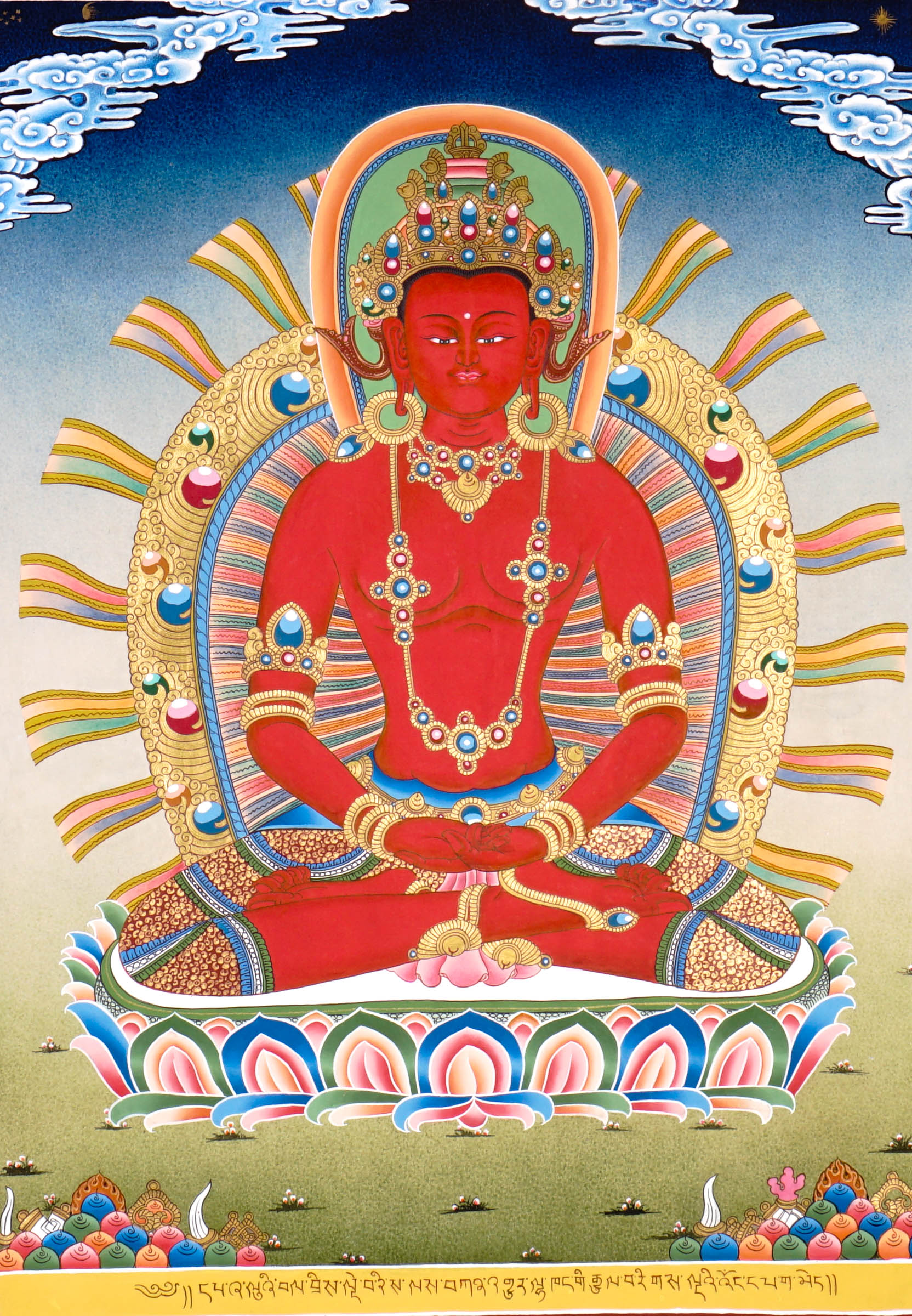 Newari Five Dhyani Buddhas thangka set depicting Amitabha, Vairocana, Akshobhya, Ratnasambhava, and Amoghasiddhi seated on lotus thrones with jeweled halos and traditional Vajrayana Buddhist symbolism.