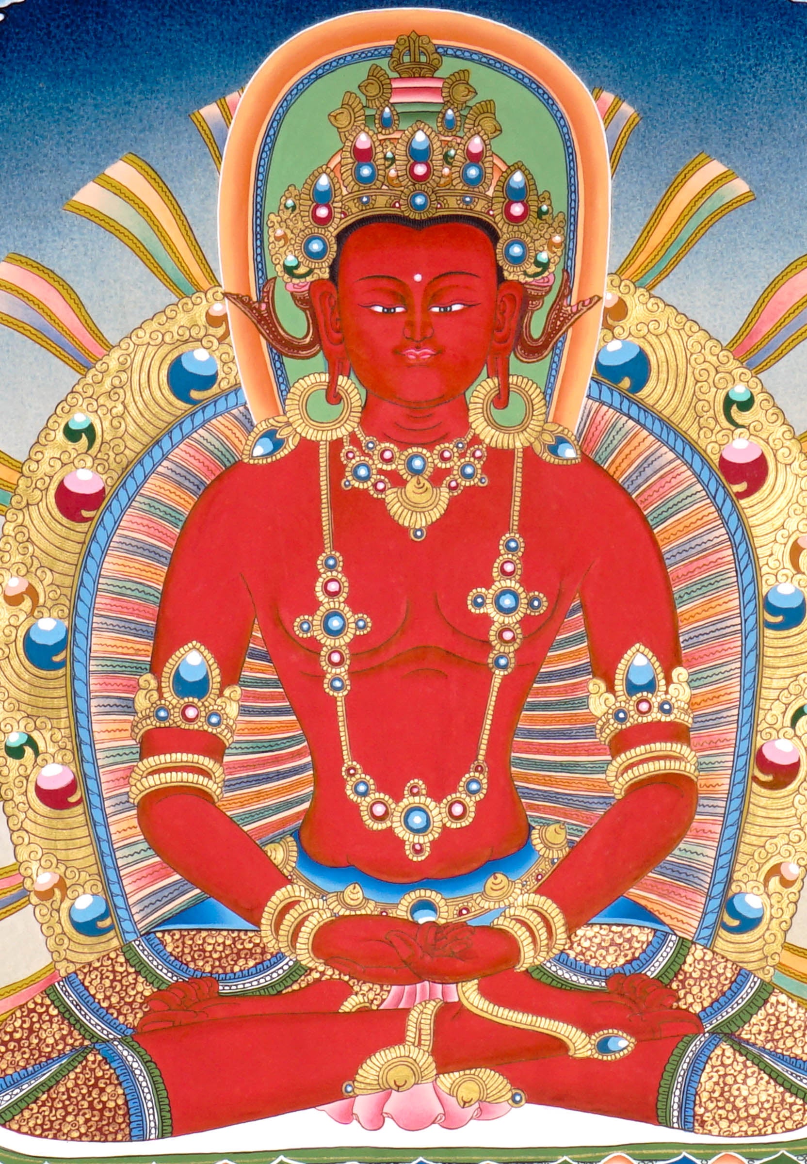 Newari Five Dhyani Buddhas thangka set depicting Amitabha, Vairocana, Akshobhya, Ratnasambhava, and Amoghasiddhi seated on lotus thrones with jeweled halos and traditional Vajrayana Buddhist symbolism.