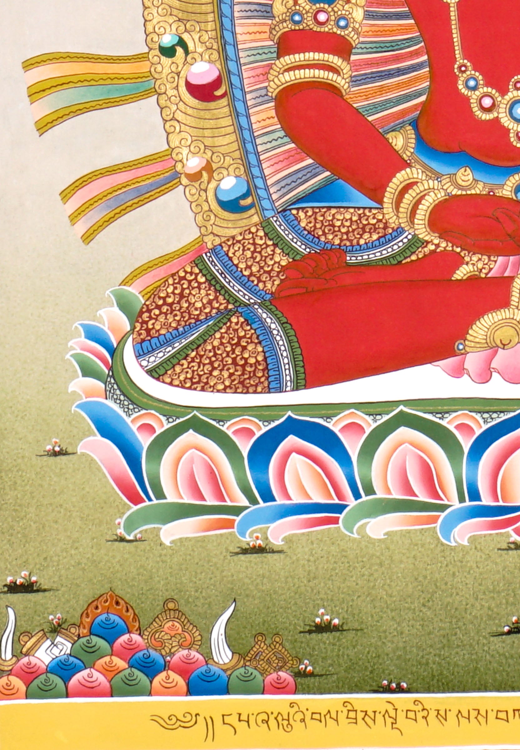 Newari Five Dhyani Buddhas thangka set depicting Amitabha, Vairocana, Akshobhya, Ratnasambhava, and Amoghasiddhi seated on lotus thrones with jeweled halos and traditional Vajrayana Buddhist symbolism.