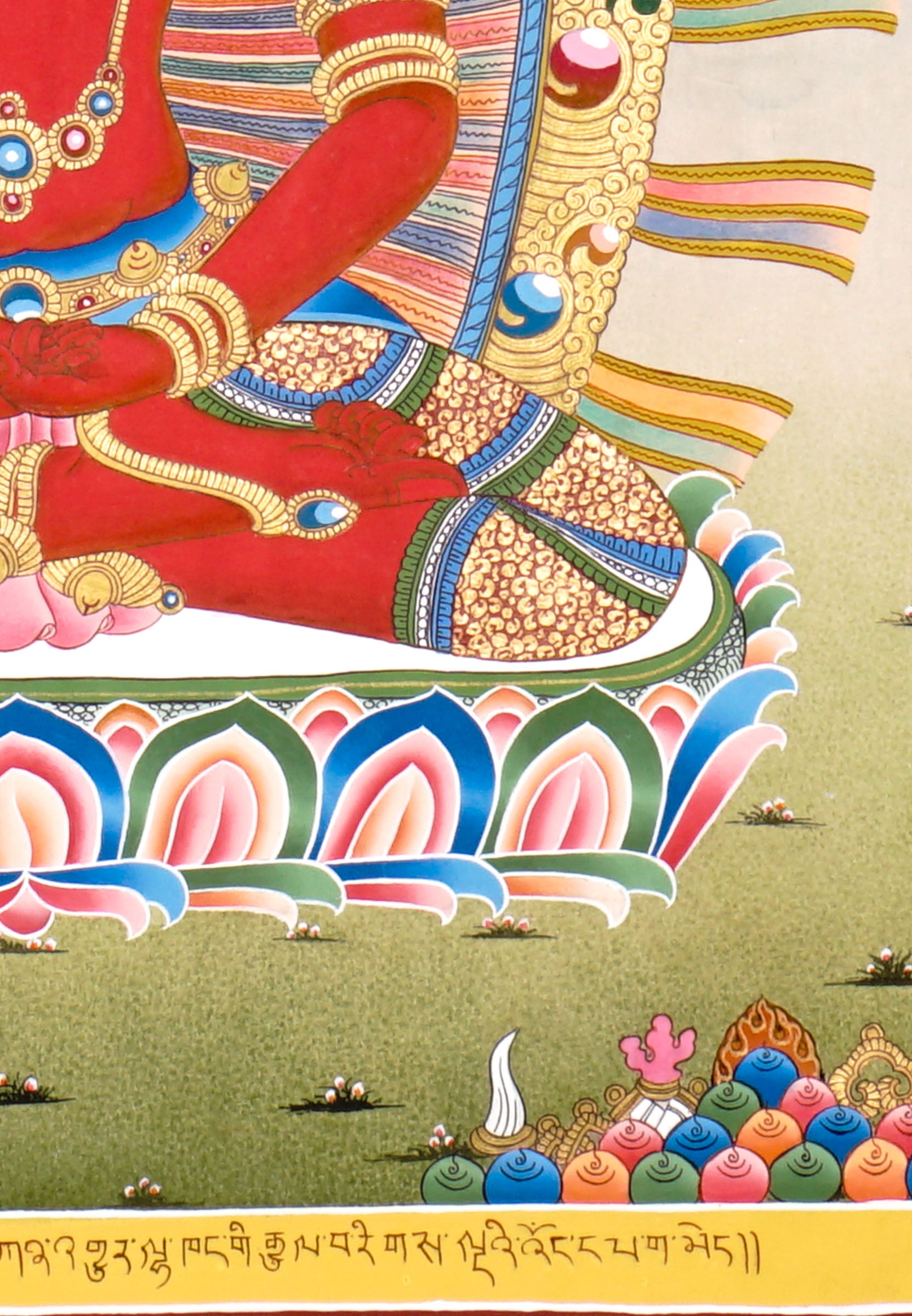Newari Five Dhyani Buddhas thangka set depicting Amitabha, Vairocana, Akshobhya, Ratnasambhava, and Amoghasiddhi seated on lotus thrones with jeweled halos and traditional Vajrayana Buddhist symbolism.