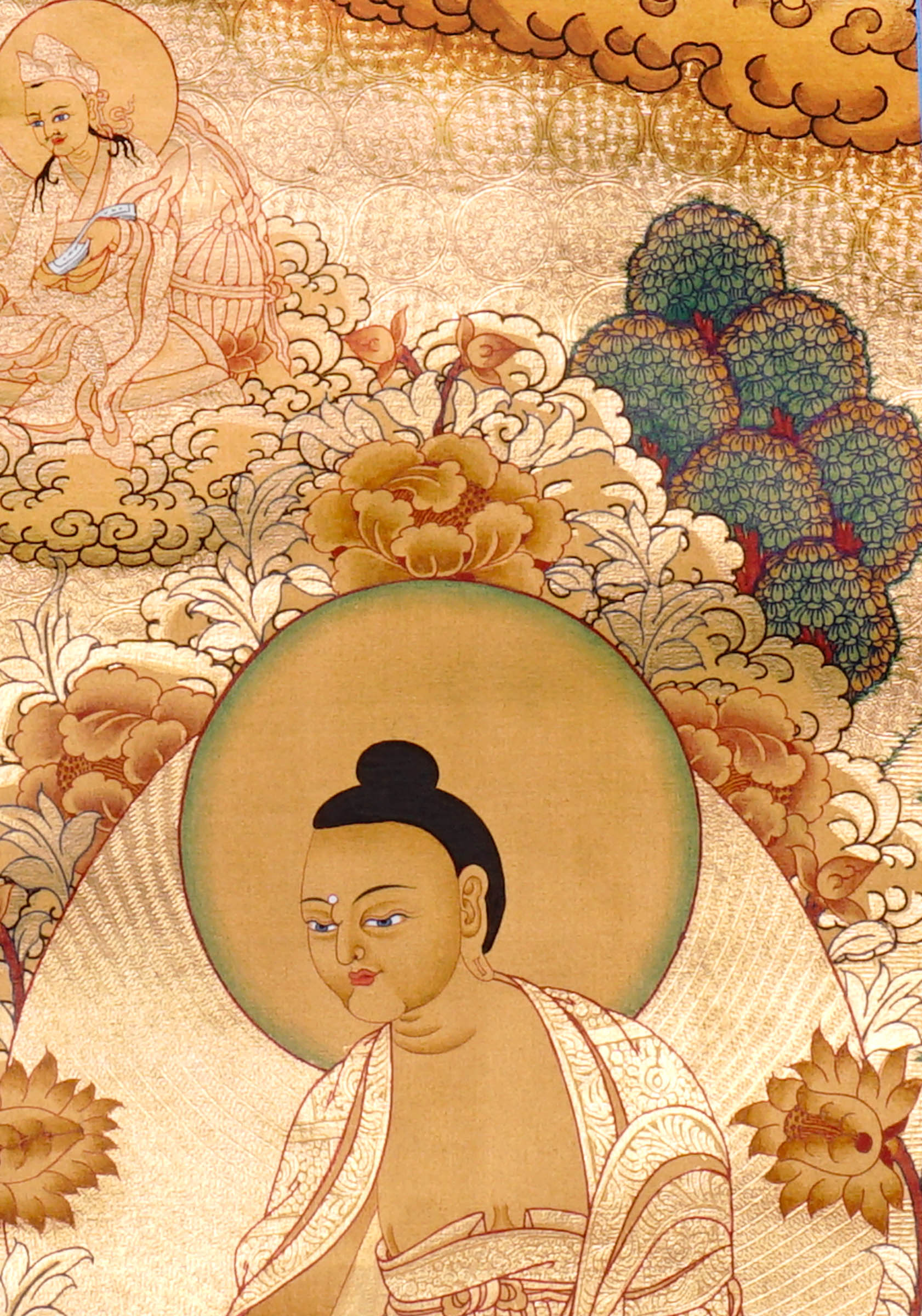 Guru Tsengye thangka set depicting the Eight Manifestations of Guru Padmasambhava in traditional Newari style with gold background, lineage figures, wrathful deities, lotus thrones, and intricate Vajrayana Buddhist symbolism.