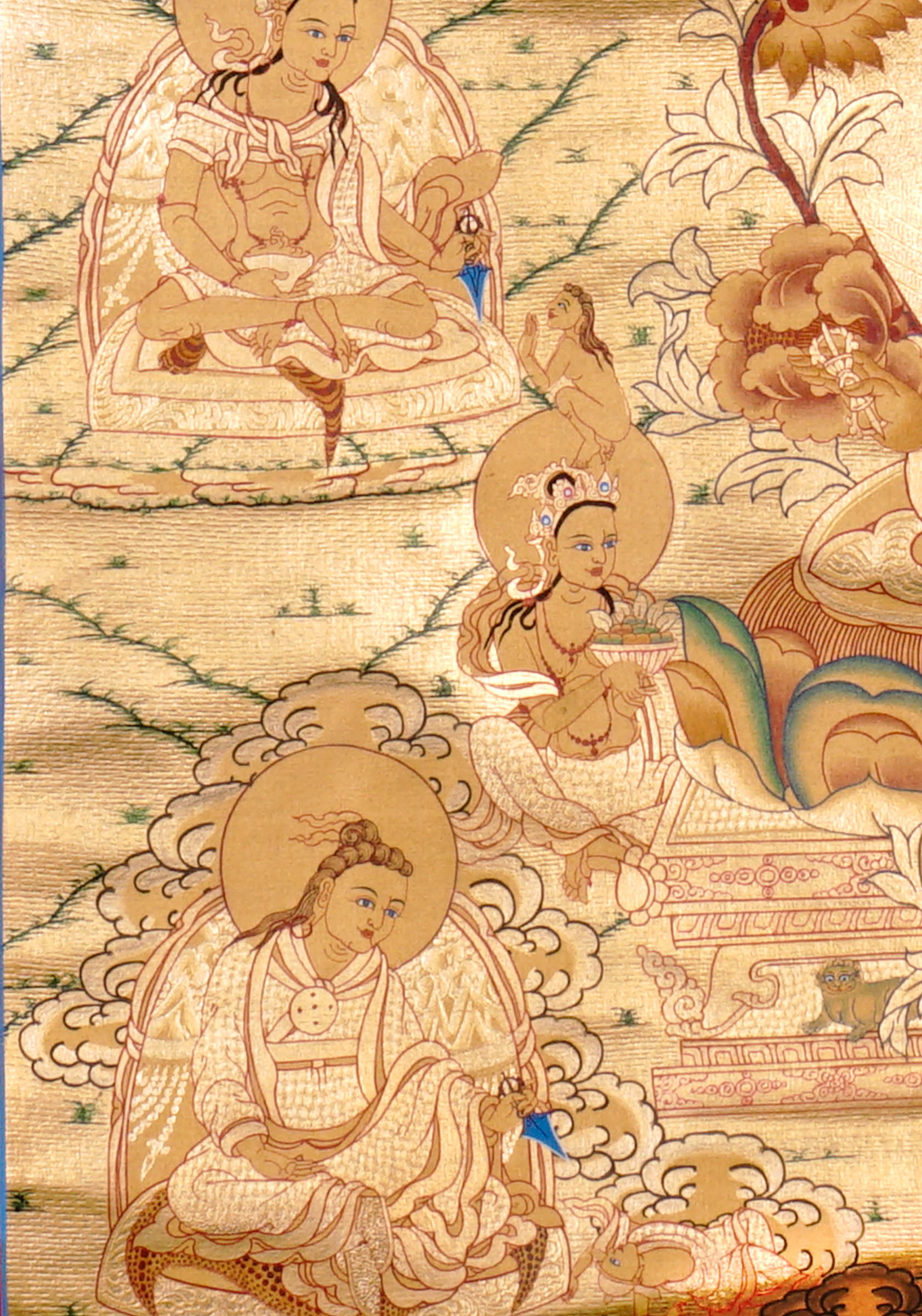 Guru Tsengye thangka set depicting the Eight Manifestations of Guru Padmasambhava in traditional Newari style with gold background, lineage figures, wrathful deities, lotus thrones, and intricate Vajrayana Buddhist symbolism.