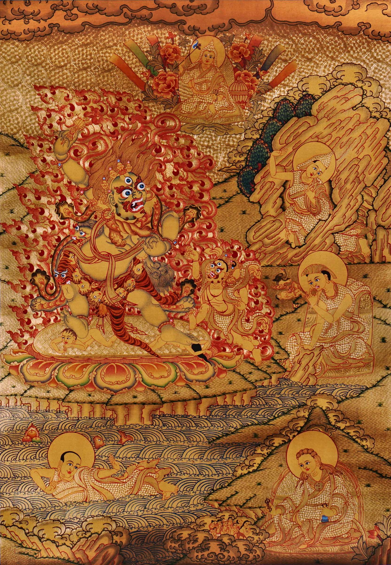 Guru Tsengye thangka set depicting the Eight Manifestations of Guru Padmasambhava in traditional Newari style with gold background, lineage figures, wrathful deities, lotus thrones, and intricate Vajrayana Buddhist symbolism.
