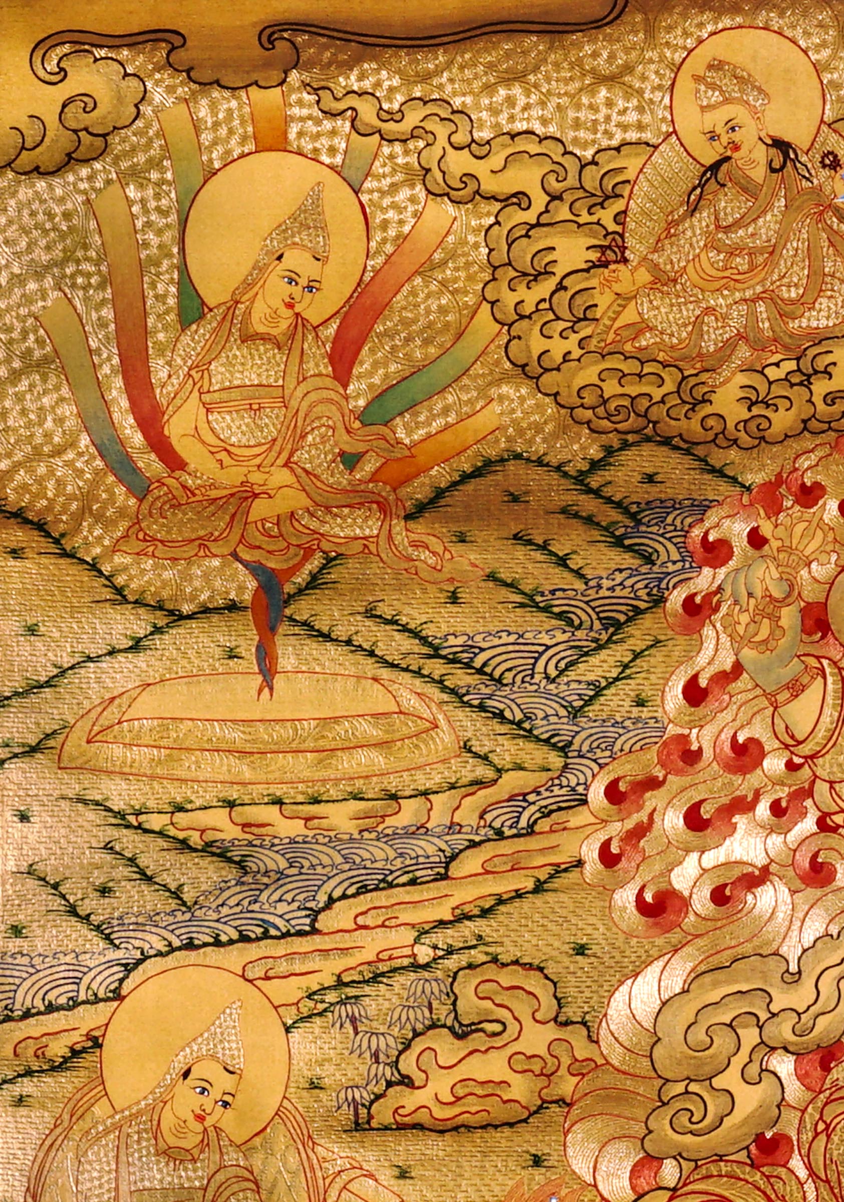 Guru Tsengye thangka set depicting the Eight Manifestations of Guru Padmasambhava in traditional Newari style with gold background, lineage figures, wrathful deities, lotus thrones, and intricate Vajrayana Buddhist symbolism.