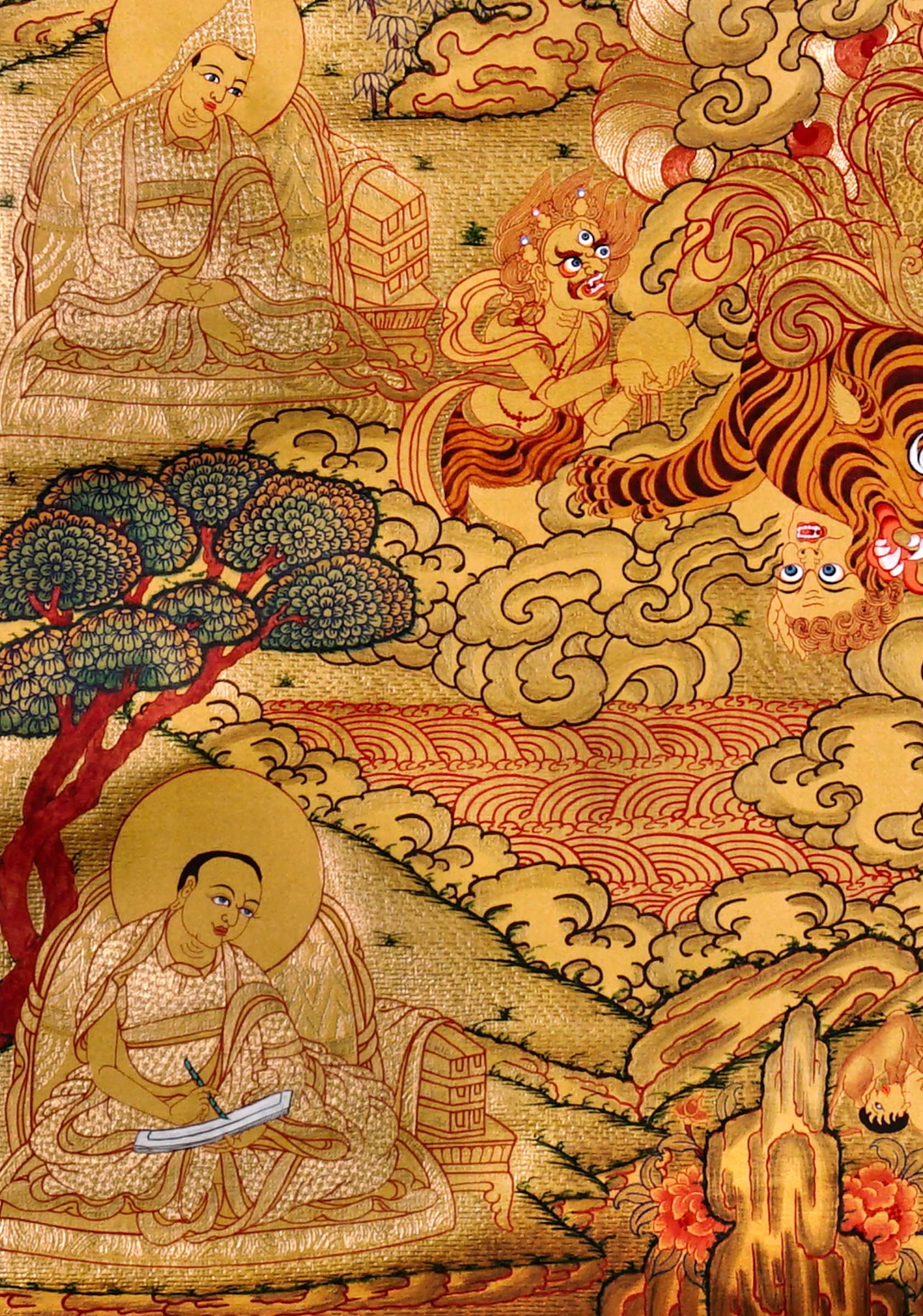 Guru Tsengye thangka set depicting the Eight Manifestations of Guru Padmasambhava in traditional Newari style with gold background, lineage figures, wrathful deities, lotus thrones, and intricate Vajrayana Buddhist symbolism.