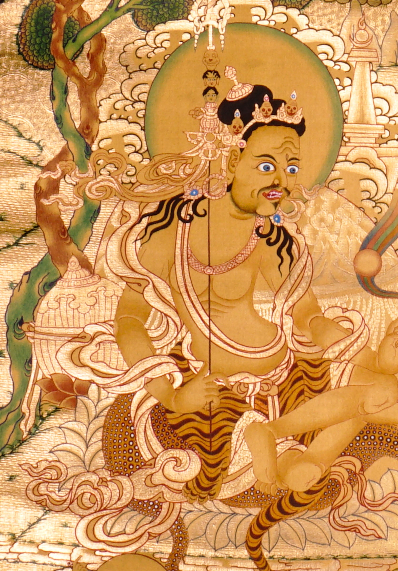 Guru Tsengye thangka set depicting the Eight Manifestations of Guru Padmasambhava in traditional Newari style with gold background, lineage figures, wrathful deities, lotus thrones, and intricate Vajrayana Buddhist symbolism.