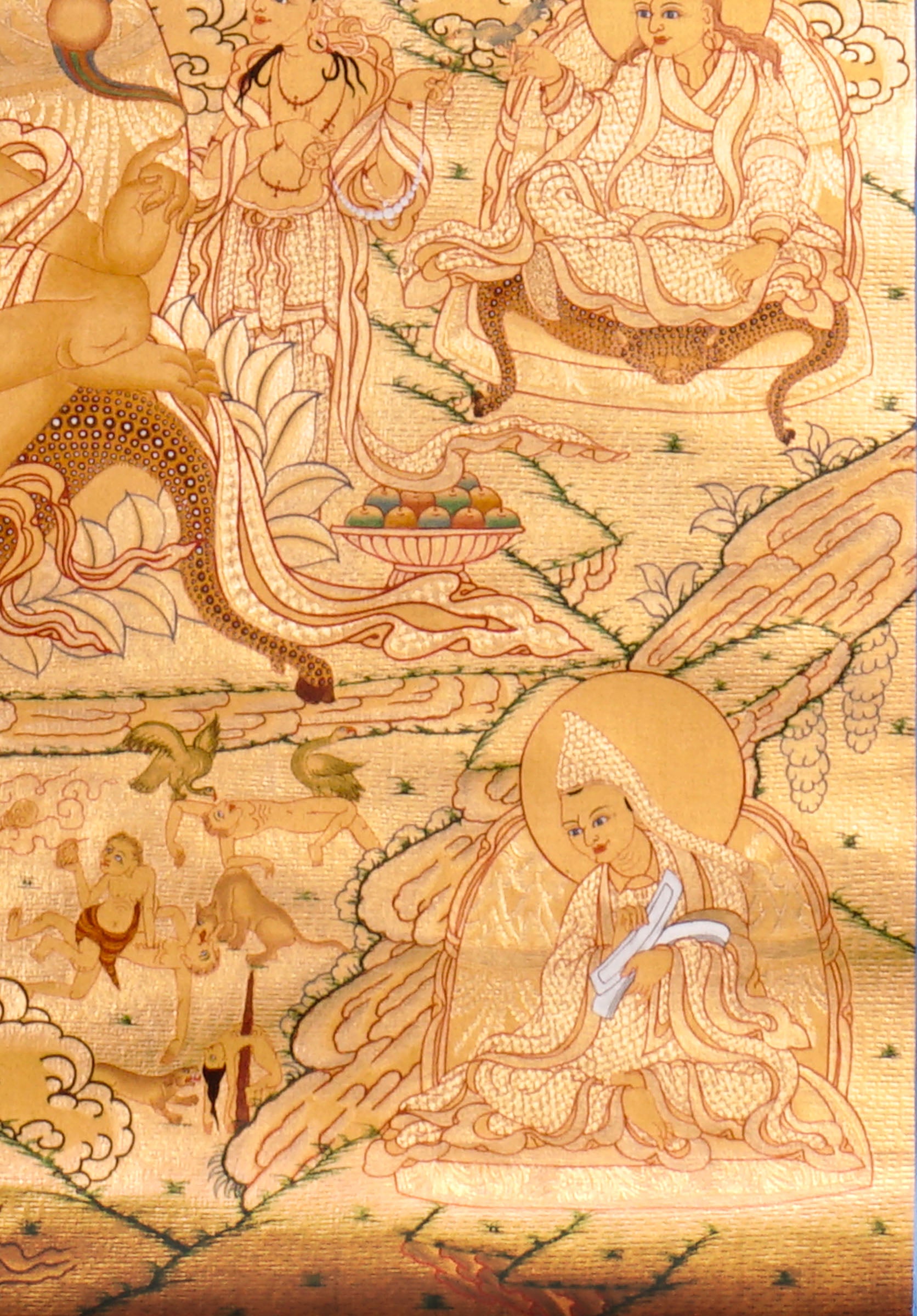 Guru Tsengye thangka set depicting the Eight Manifestations of Guru Padmasambhava in traditional Newari style with gold background, lineage figures, wrathful deities, lotus thrones, and intricate Vajrayana Buddhist symbolism.