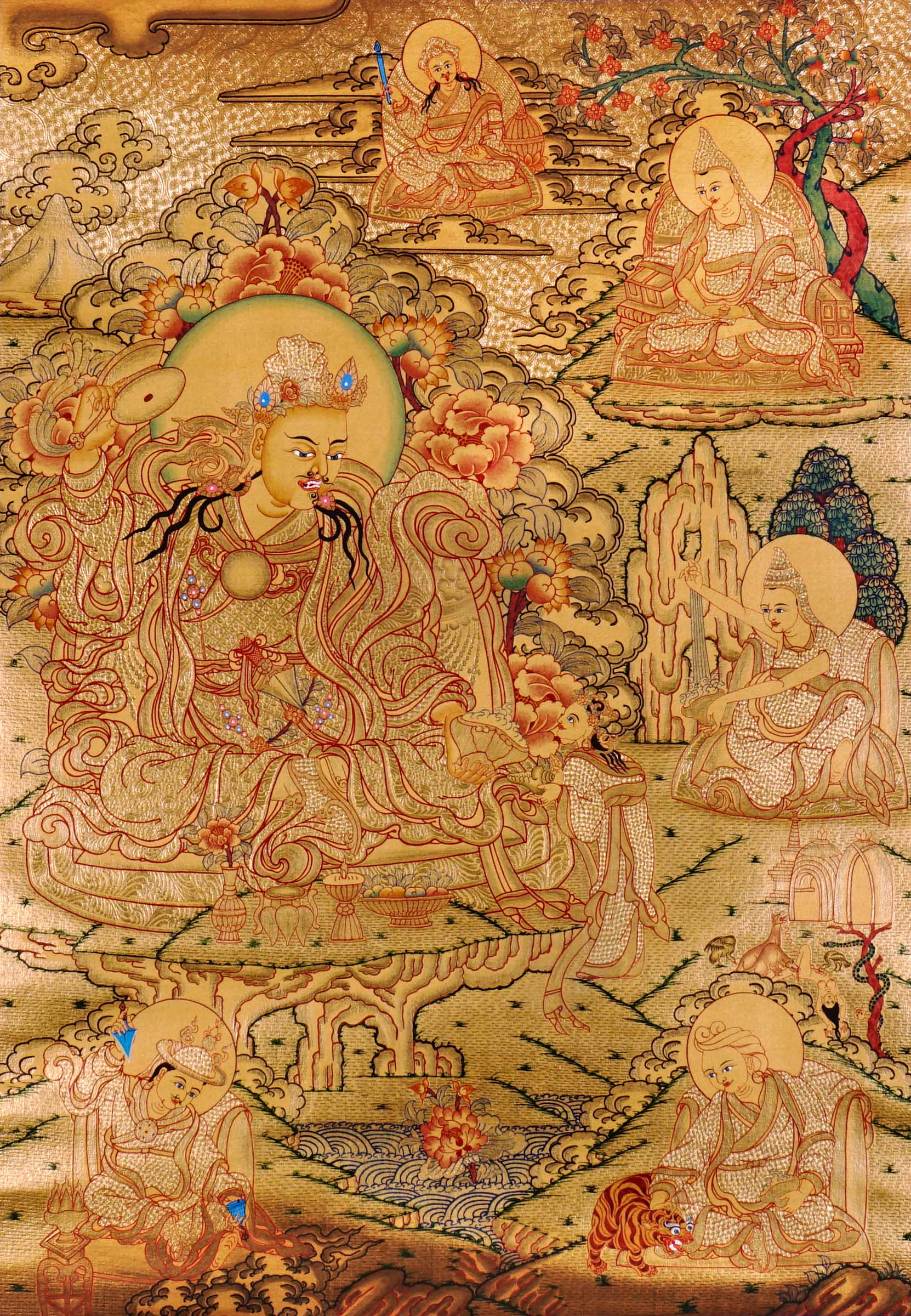Guru Tsengye thangka set depicting the Eight Manifestations of Guru Padmasambhava in traditional Newari style with gold background, lineage figures, wrathful deities, lotus thrones, and intricate Vajrayana Buddhist symbolism.