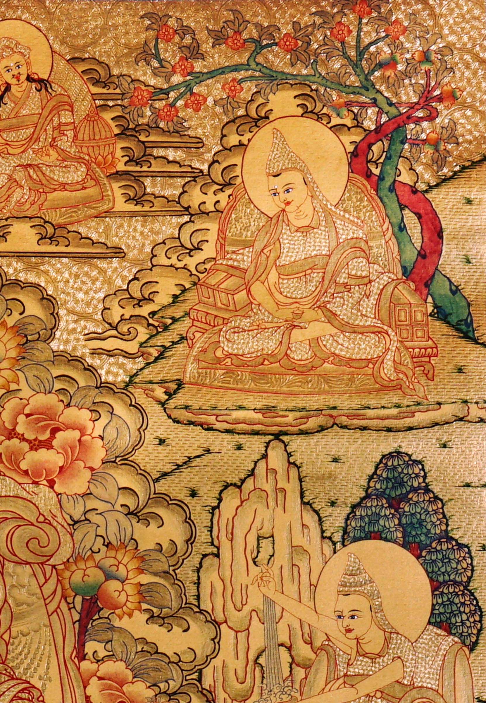 Guru Tsengye thangka set depicting the Eight Manifestations of Guru Padmasambhava in traditional Newari style with gold background, lineage figures, wrathful deities, lotus thrones, and intricate Vajrayana Buddhist symbolism.