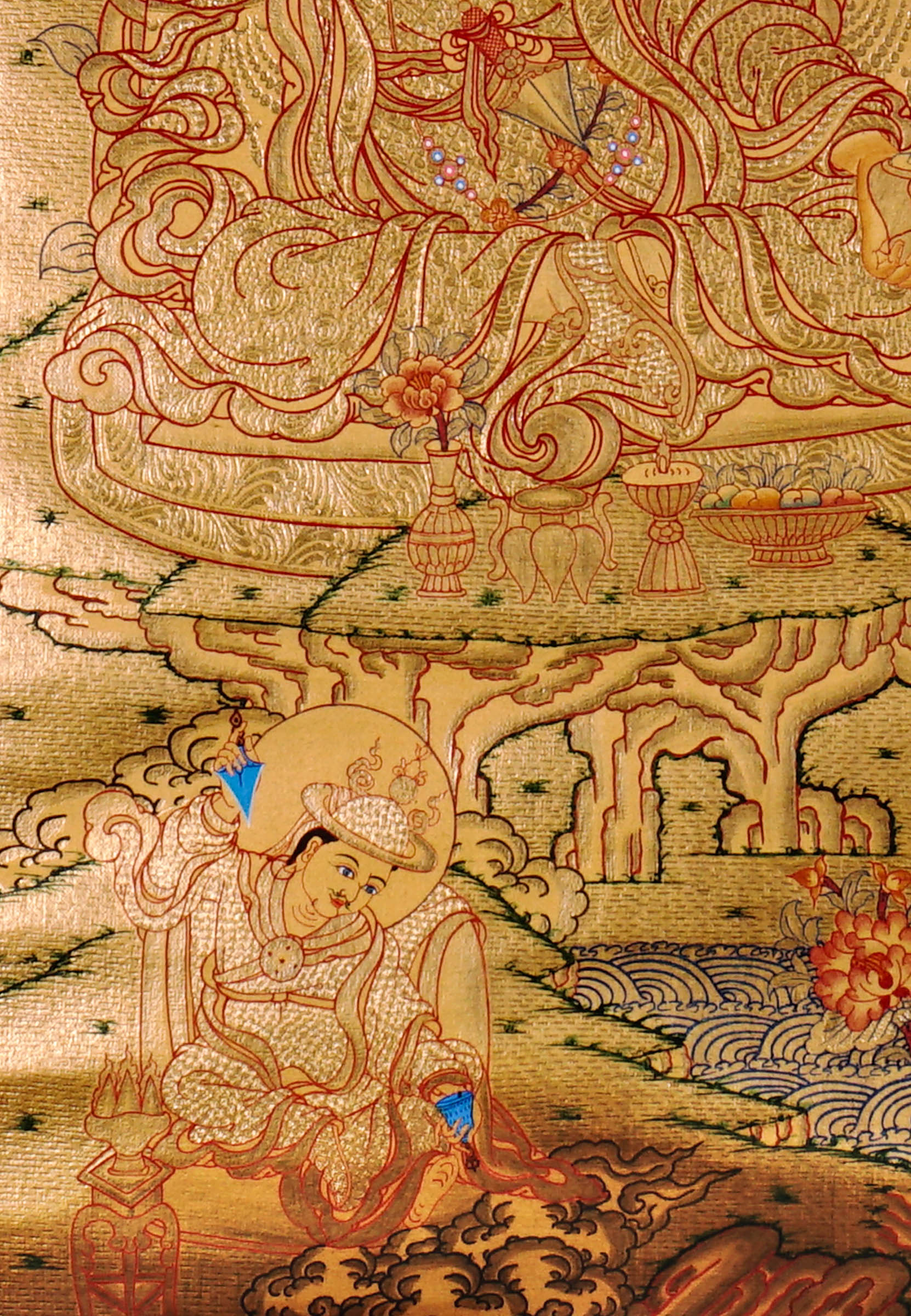 Guru Tsengye thangka set depicting the Eight Manifestations of Guru Padmasambhava in traditional Newari style with gold background, lineage figures, wrathful deities, lotus thrones, and intricate Vajrayana Buddhist symbolism.