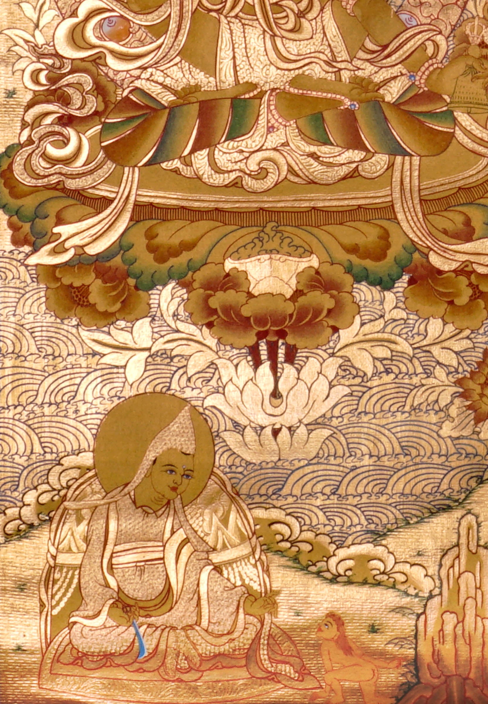 Guru Tsengye thangka set depicting the Eight Manifestations of Guru Padmasambhava in traditional Newari style with gold background, lineage figures, wrathful deities, lotus thrones, and intricate Vajrayana Buddhist symbolism.