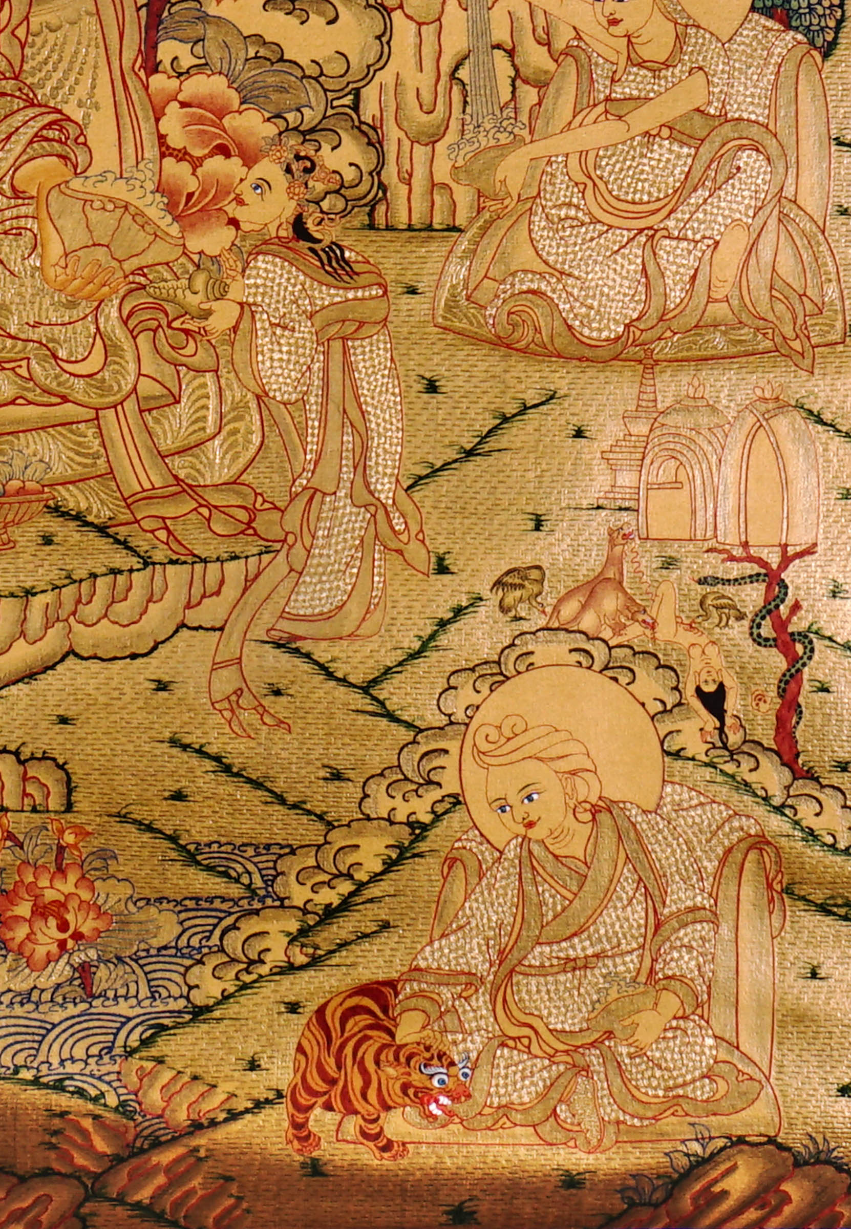 Guru Tsengye thangka set depicting the Eight Manifestations of Guru Padmasambhava in traditional Newari style with gold background, lineage figures, wrathful deities, lotus thrones, and intricate Vajrayana Buddhist symbolism.