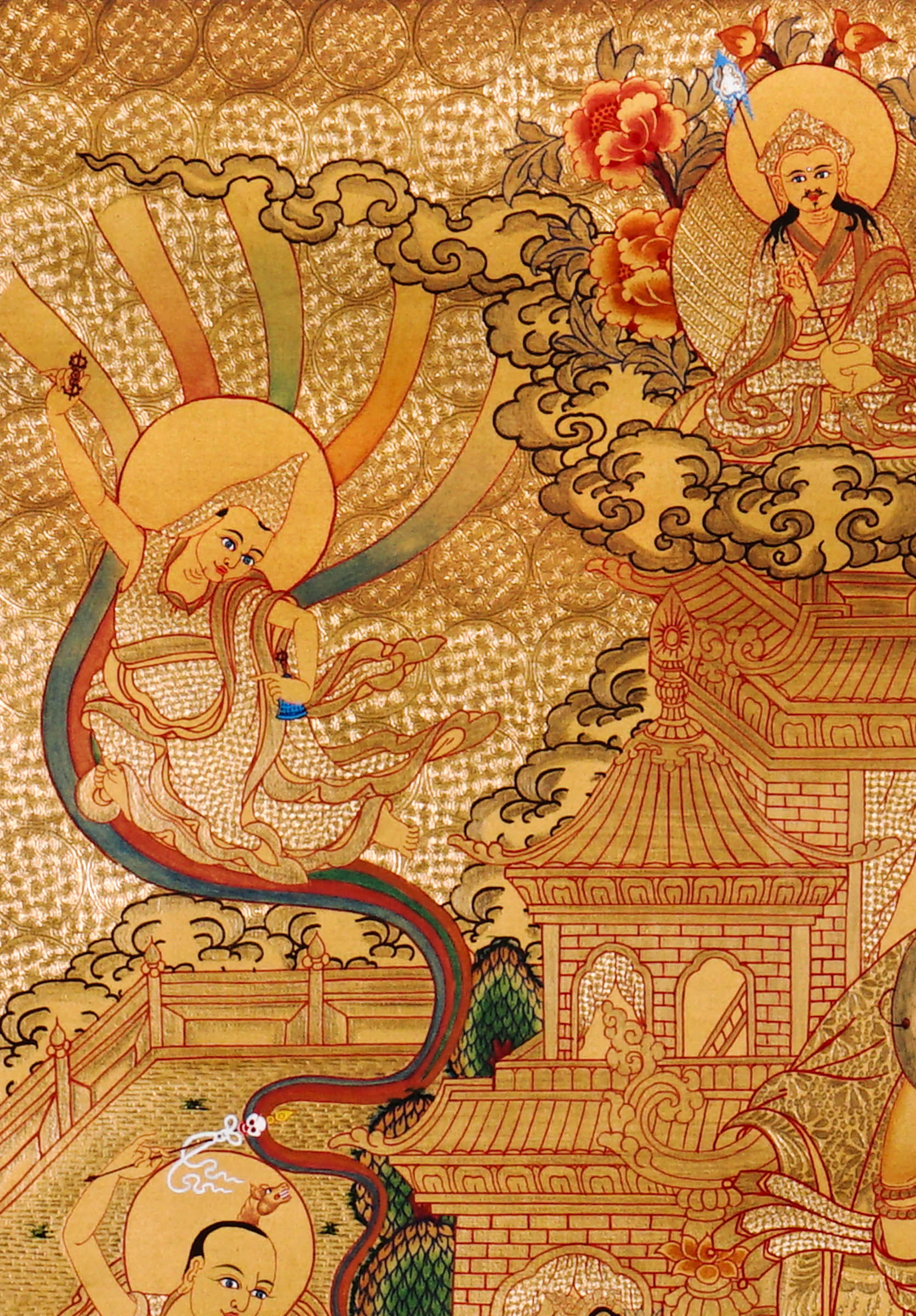 Guru Tsengye thangka set depicting the Eight Manifestations of Guru Padmasambhava in traditional Newari style with gold background, lineage figures, wrathful deities, lotus thrones, and intricate Vajrayana Buddhist symbolism.