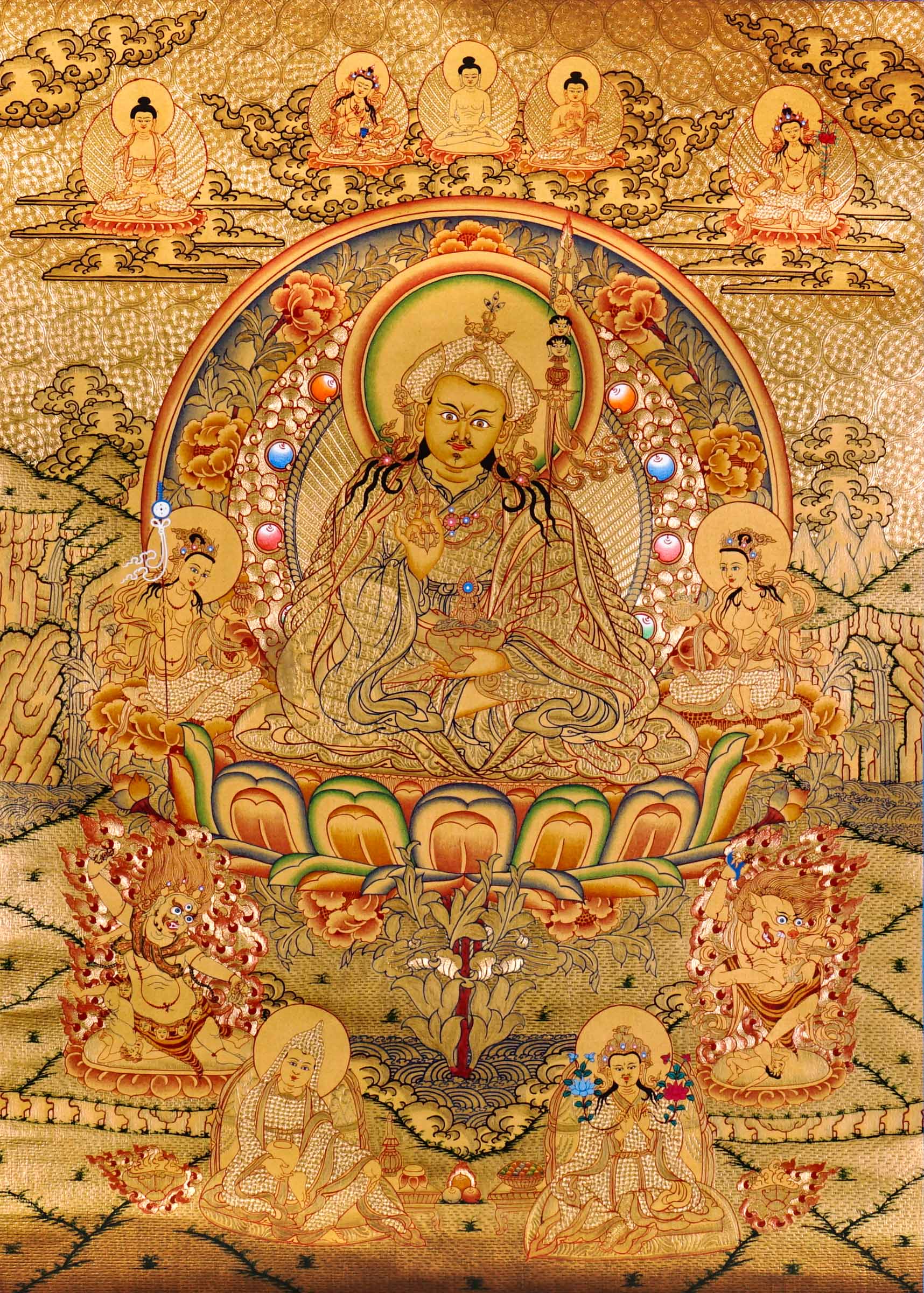 Guru Tsengye thangka set depicting the Eight Manifestations of Guru Padmasambhava in traditional Newari style with gold background, lineage figures, wrathful deities, lotus thrones, and intricate Vajrayana Buddhist symbolism.