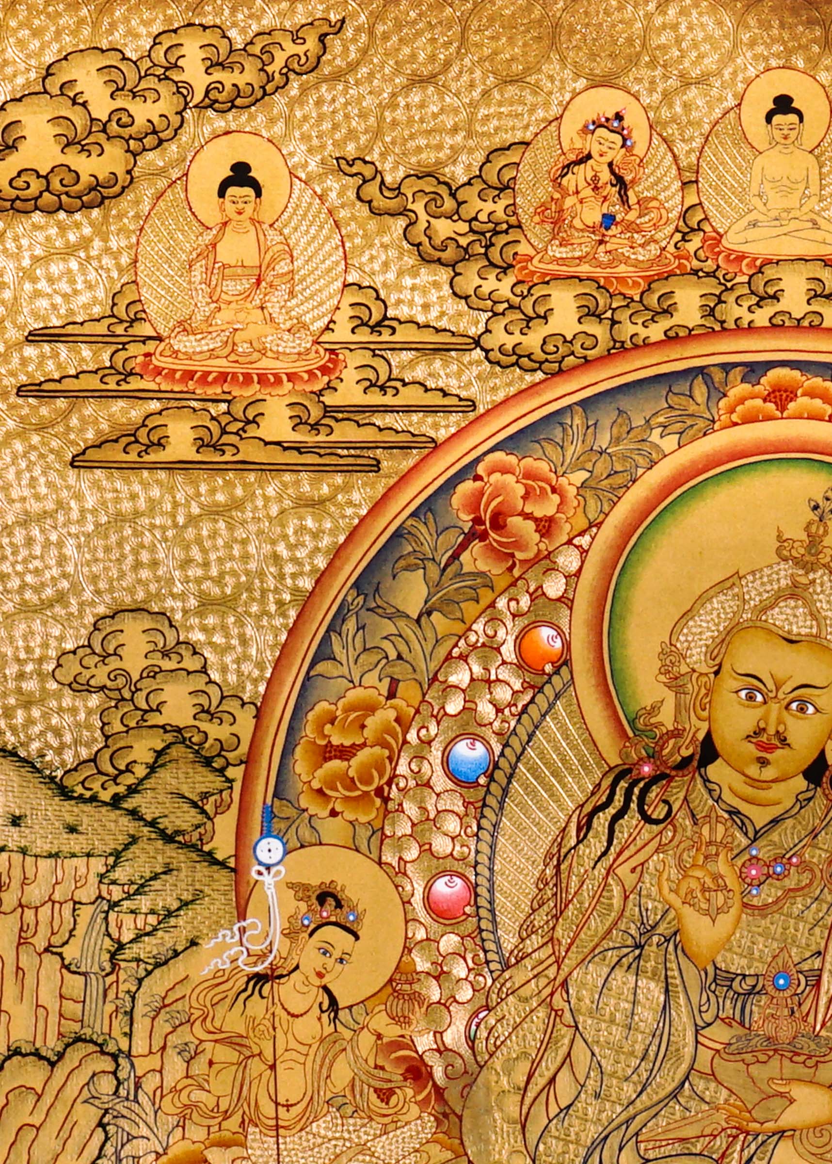 Guru Tsengye thangka set depicting the Eight Manifestations of Guru Padmasambhava in traditional Newari style with gold background, lineage figures, wrathful deities, lotus thrones, and intricate Vajrayana Buddhist symbolism.