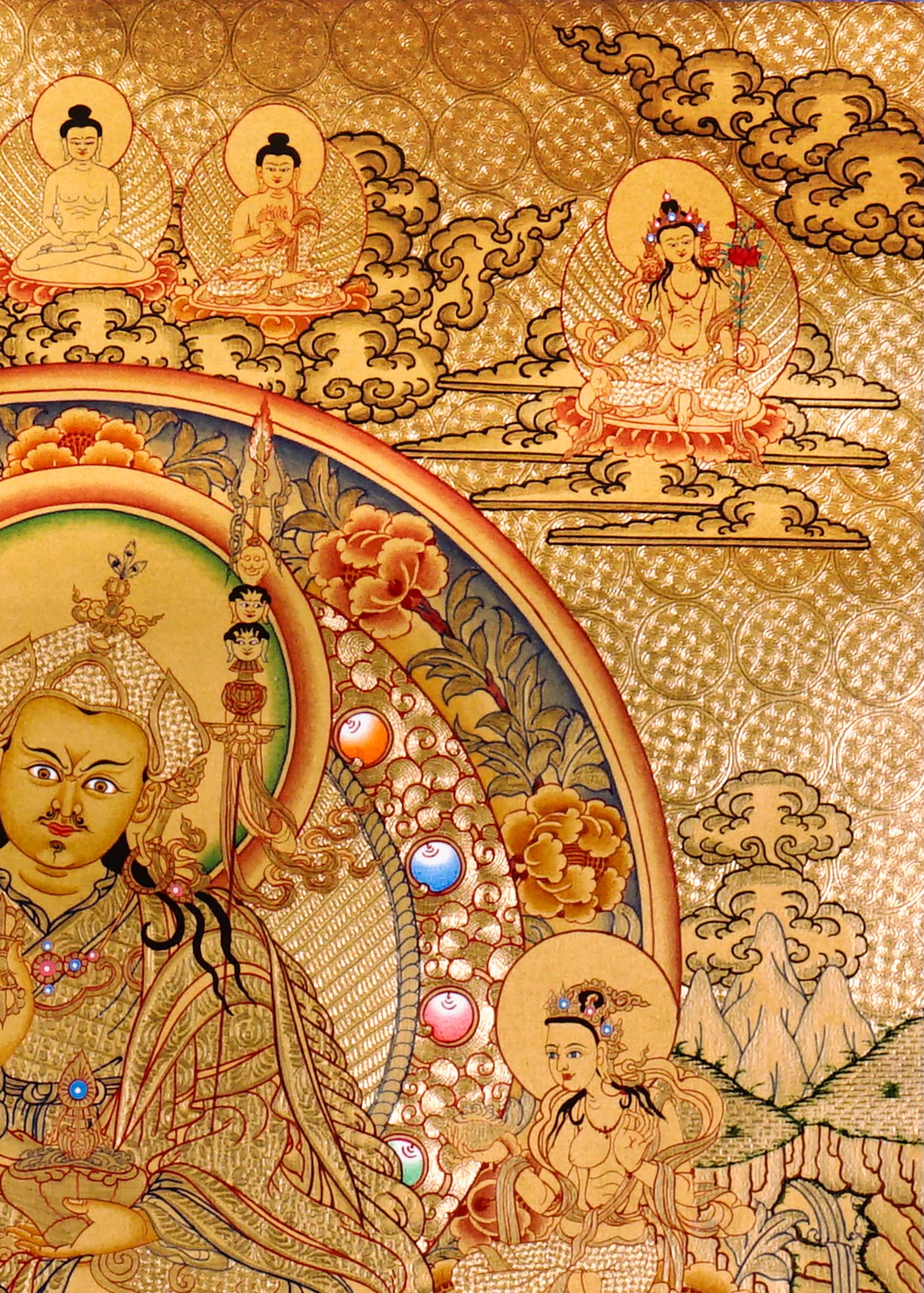 Guru Tsengye thangka set depicting the Eight Manifestations of Guru Padmasambhava in traditional Newari style with gold background, lineage figures, wrathful deities, lotus thrones, and intricate Vajrayana Buddhist symbolism.