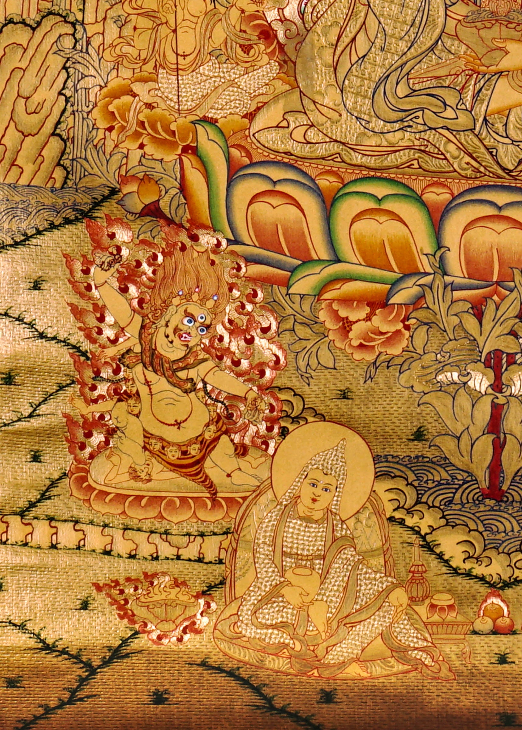 Guru Tsengye thangka set depicting the Eight Manifestations of Guru Padmasambhava in traditional Newari style with gold background, lineage figures, wrathful deities, lotus thrones, and intricate Vajrayana Buddhist symbolism.