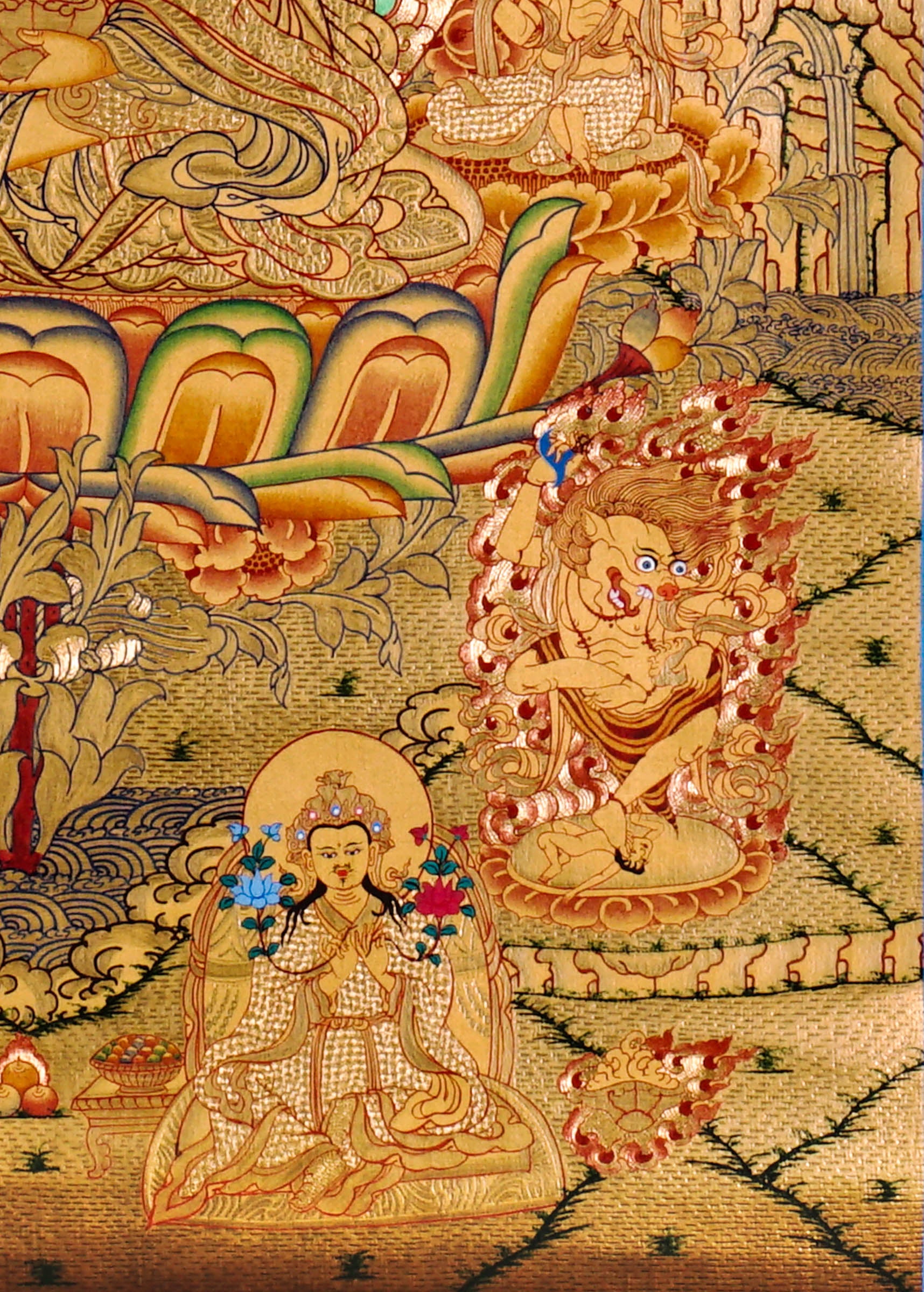 Guru Tsengye thangka set depicting the Eight Manifestations of Guru Padmasambhava in traditional Newari style with gold background, lineage figures, wrathful deities, lotus thrones, and intricate Vajrayana Buddhist symbolism.