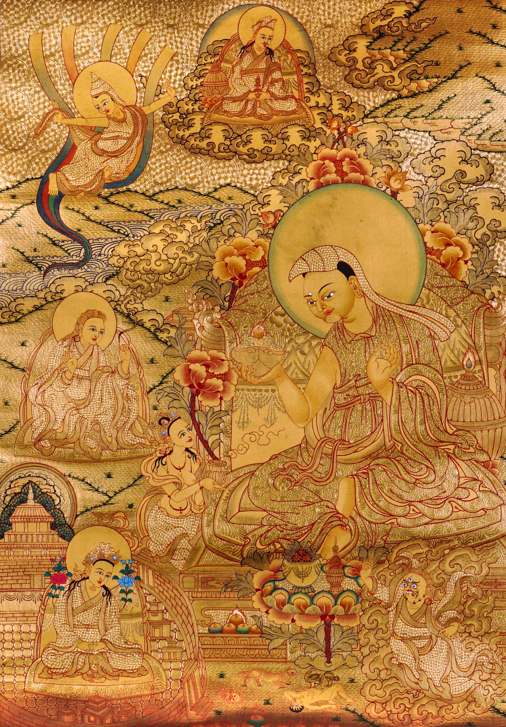 Guru Tsengye thangka set depicting the Eight Manifestations of Guru Padmasambhava in traditional Newari style with gold background, lineage figures, wrathful deities, lotus thrones, and intricate Vajrayana Buddhist symbolism.