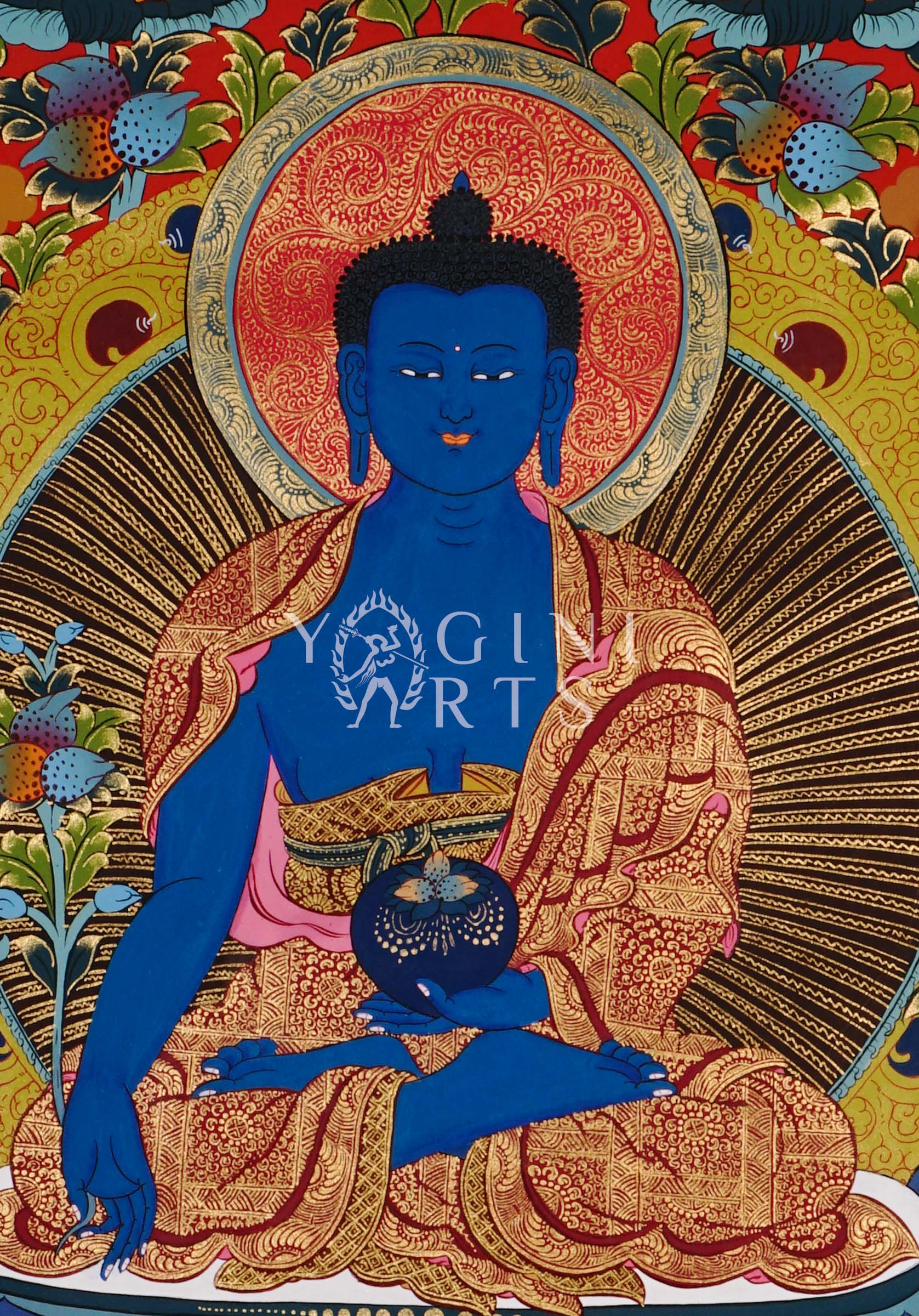 Tibetan Medicine Buddha thangka featuring the blue Healing Buddha seated in meditation surrounded by Five Dhyani Buddhas and intricate gold detailing