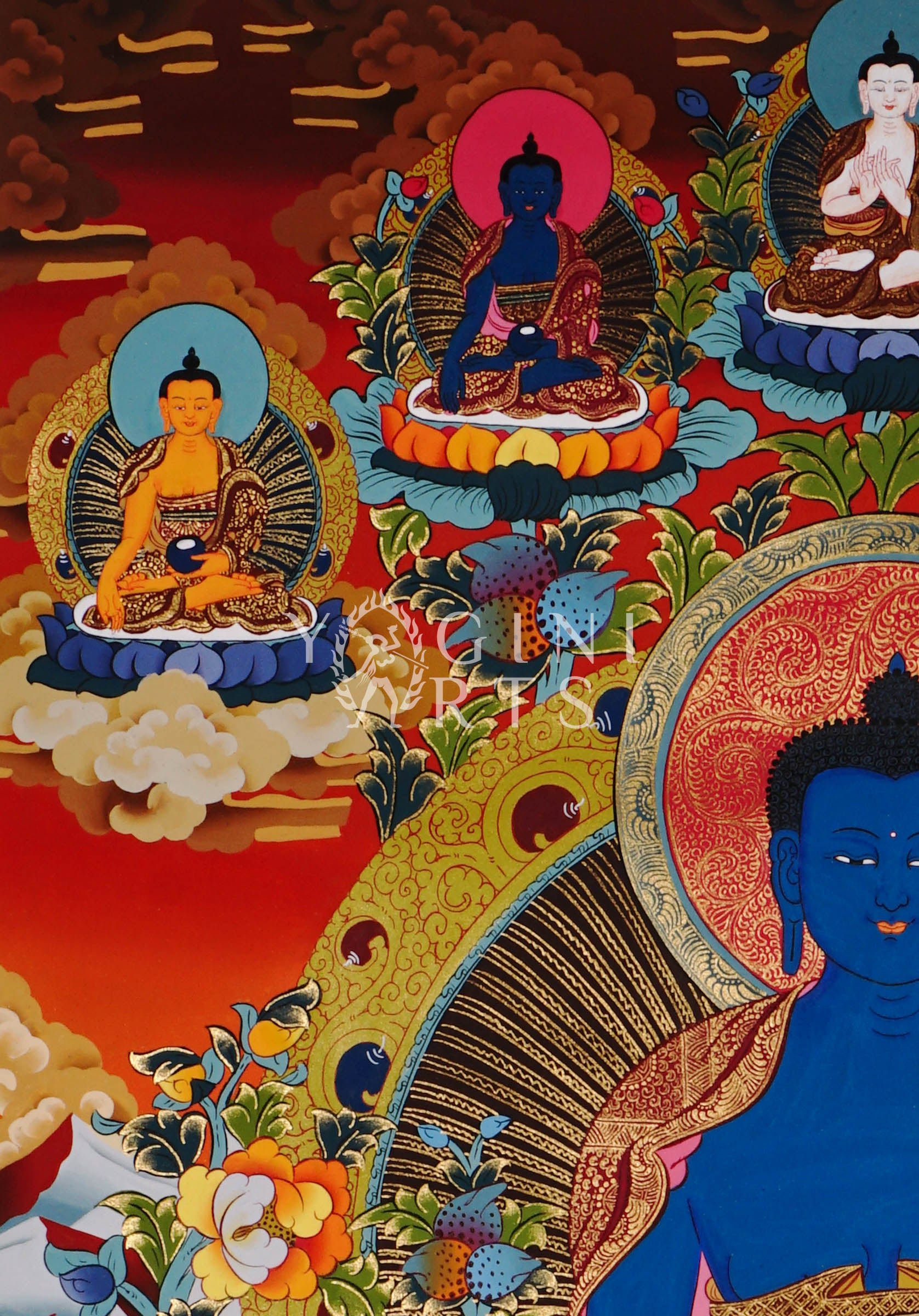Tibetan Medicine Buddha thangka featuring the blue Healing Buddha seated in meditation surrounded by Five Dhyani Buddhas and intricate gold detailing