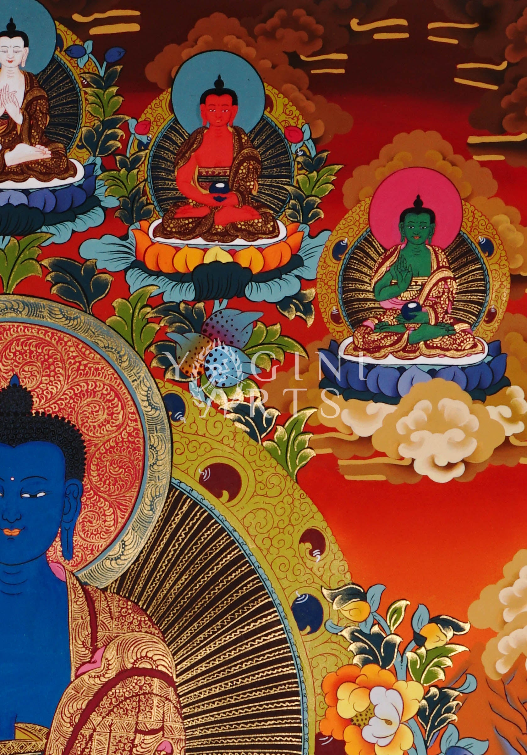 Tibetan Medicine Buddha thangka featuring the blue Healing Buddha seated in meditation surrounded by Five Dhyani Buddhas and intricate gold detailing
