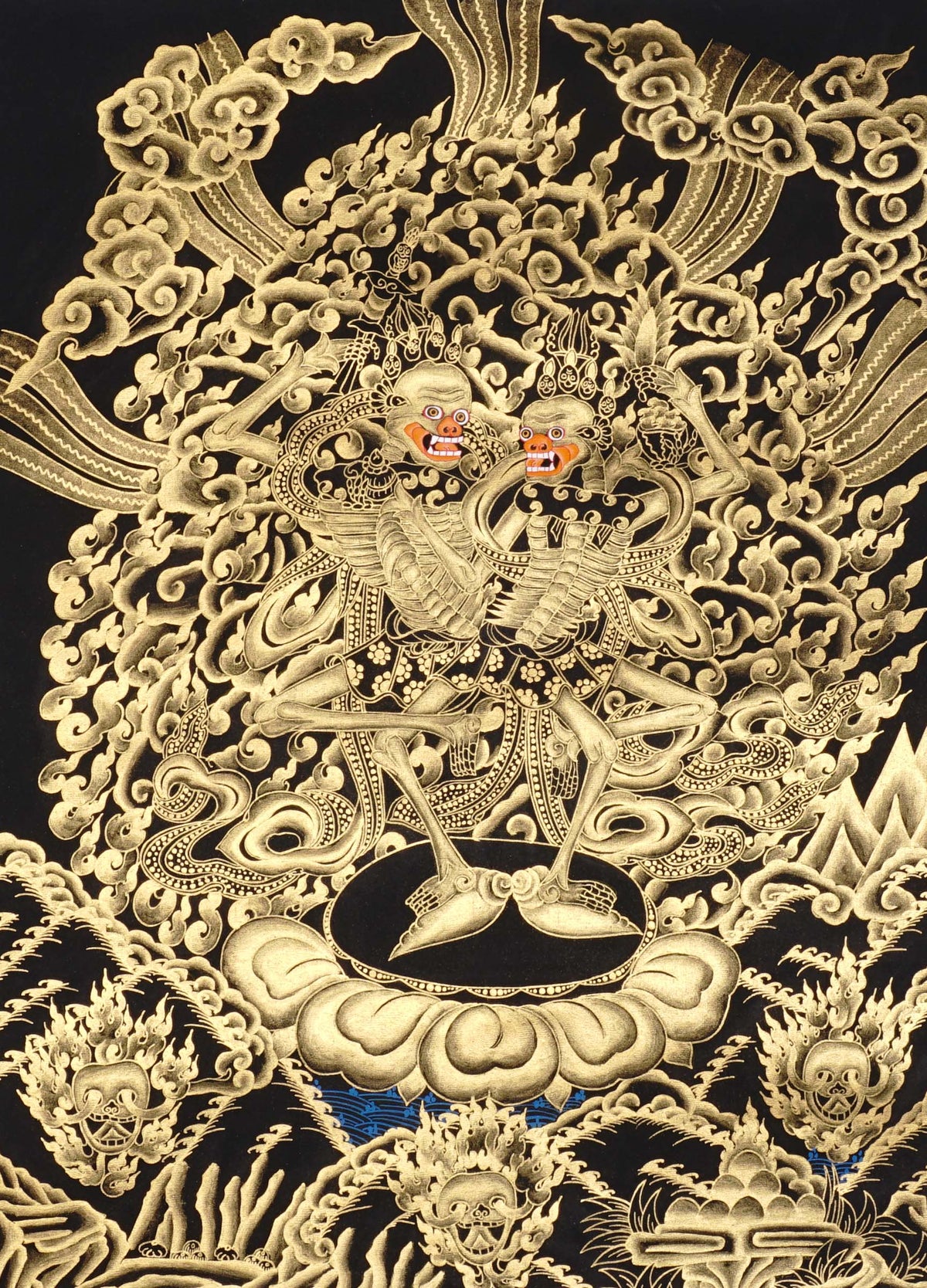Hand-painted Citipati Skeleton Dance Thangka featuring the wrathful dancing skeletal Dharma protectors in traditional black and gold Tibetan Buddhist style.