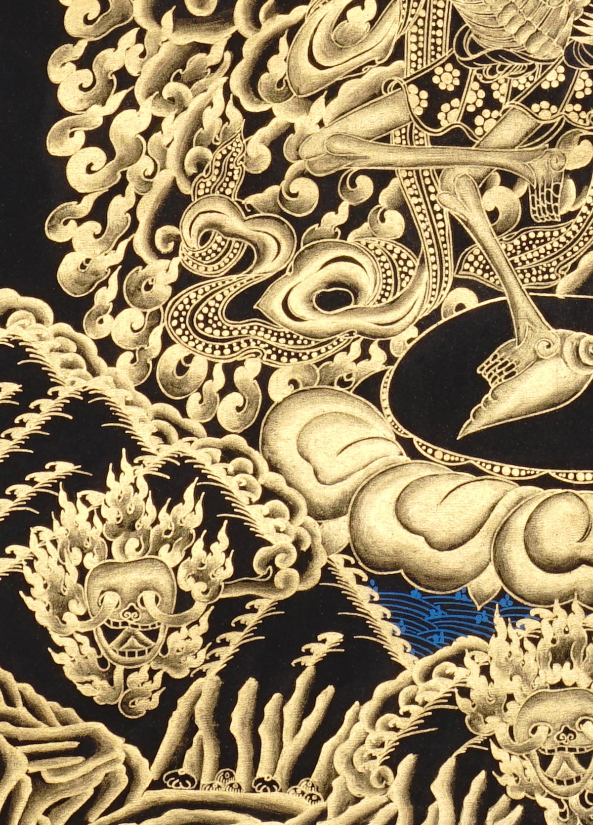 Hand-painted Citipati Skeleton Dance Thangka featuring the wrathful dancing skeletal Dharma protectors in traditional black and gold Tibetan Buddhist style.