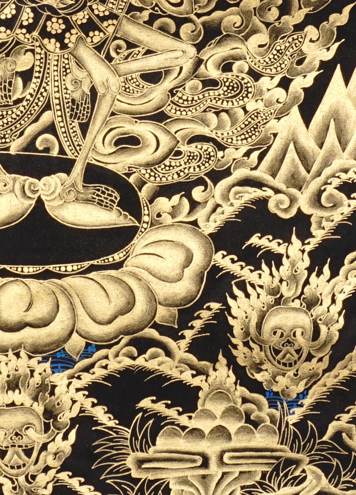 Hand-painted Citipati Skeleton Dance Thangka featuring the wrathful dancing skeletal Dharma protectors in traditional black and gold Tibetan Buddhist style.