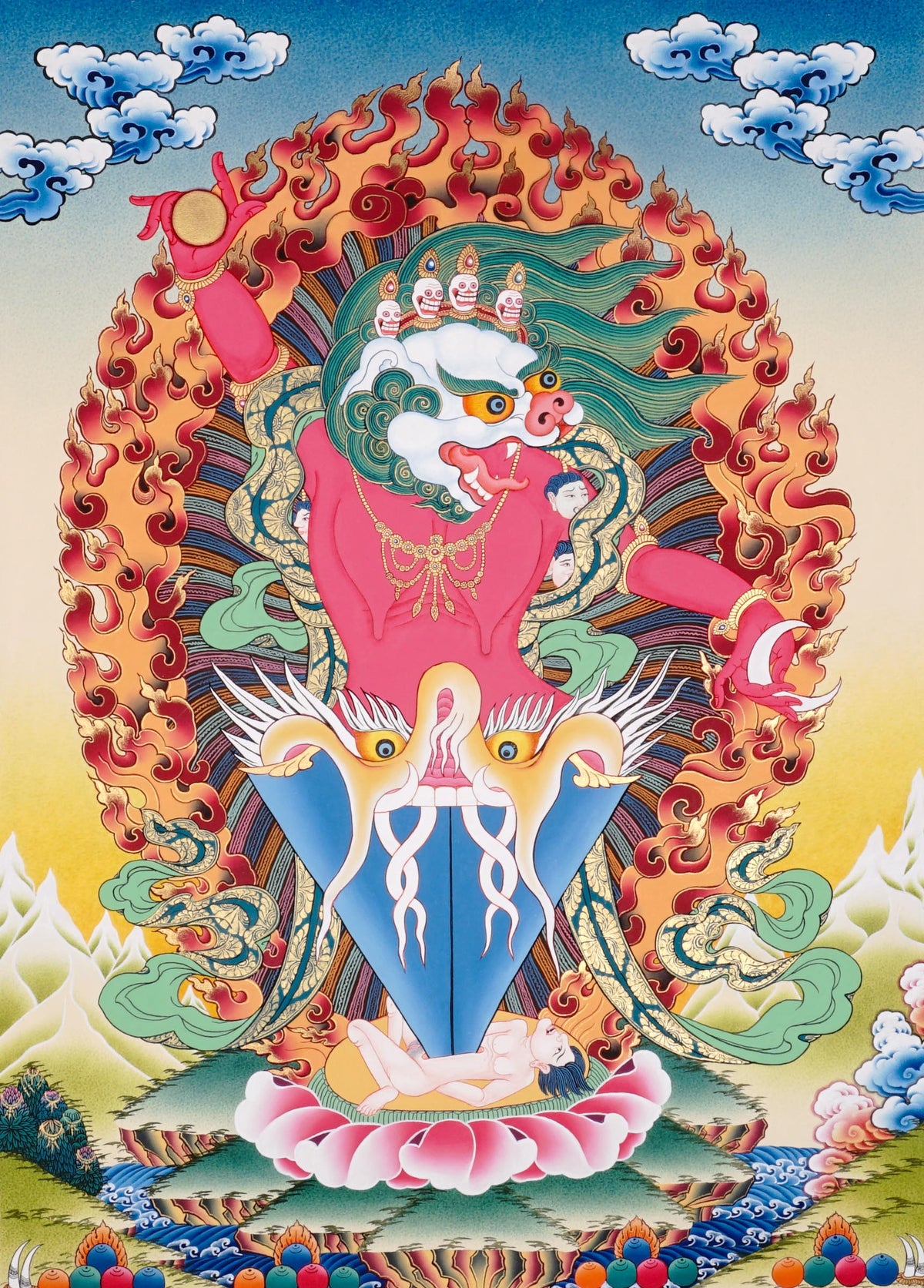Hand-painted Simhamukha Thangka depicting the Lion-Faced Dakini surrounded by wisdom flames, symbolizing fearless wisdom and spiritual protection in Tibetan Buddhism.