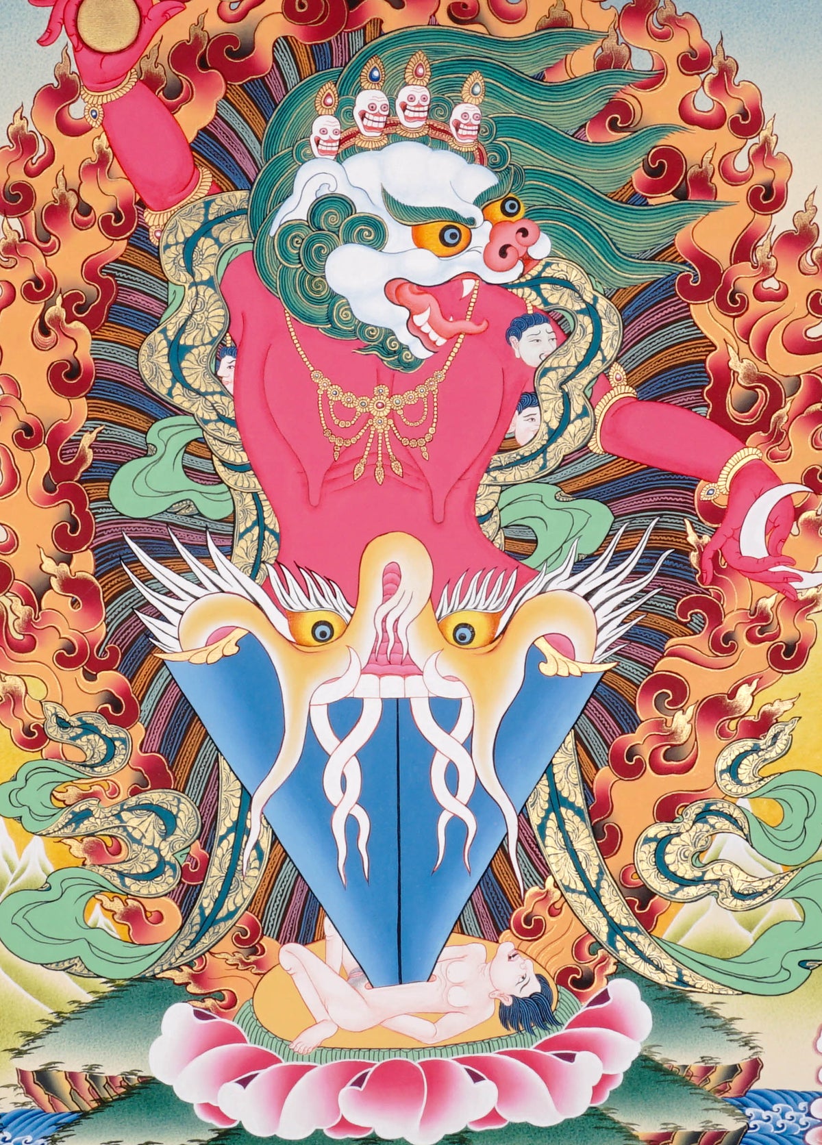 Hand-painted Simhamukha Thangka depicting the Lion-Faced Dakini surrounded by wisdom flames, symbolizing fearless wisdom and spiritual protection in Tibetan Buddhism.
