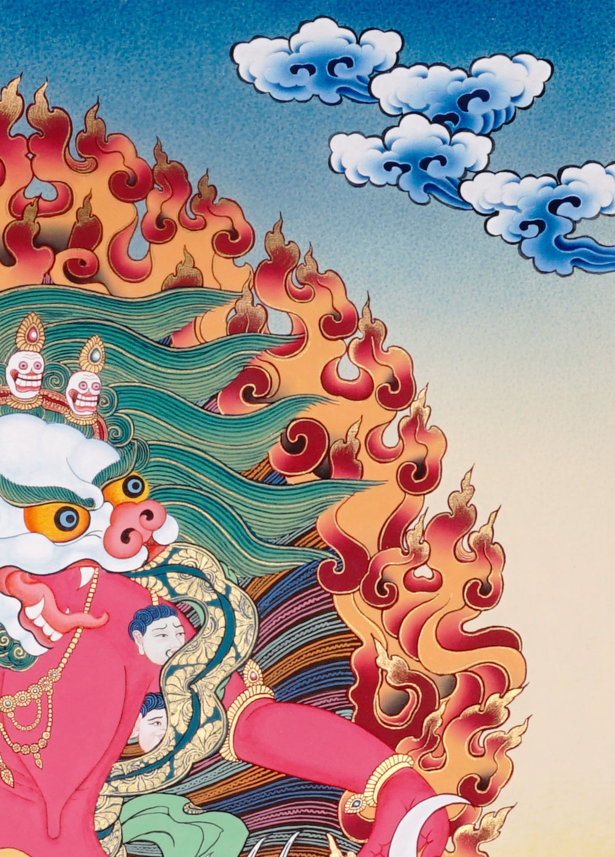 Hand-painted Simhamukha Thangka depicting the Lion-Faced Dakini surrounded by wisdom flames, symbolizing fearless wisdom and spiritual protection in Tibetan Buddhism.