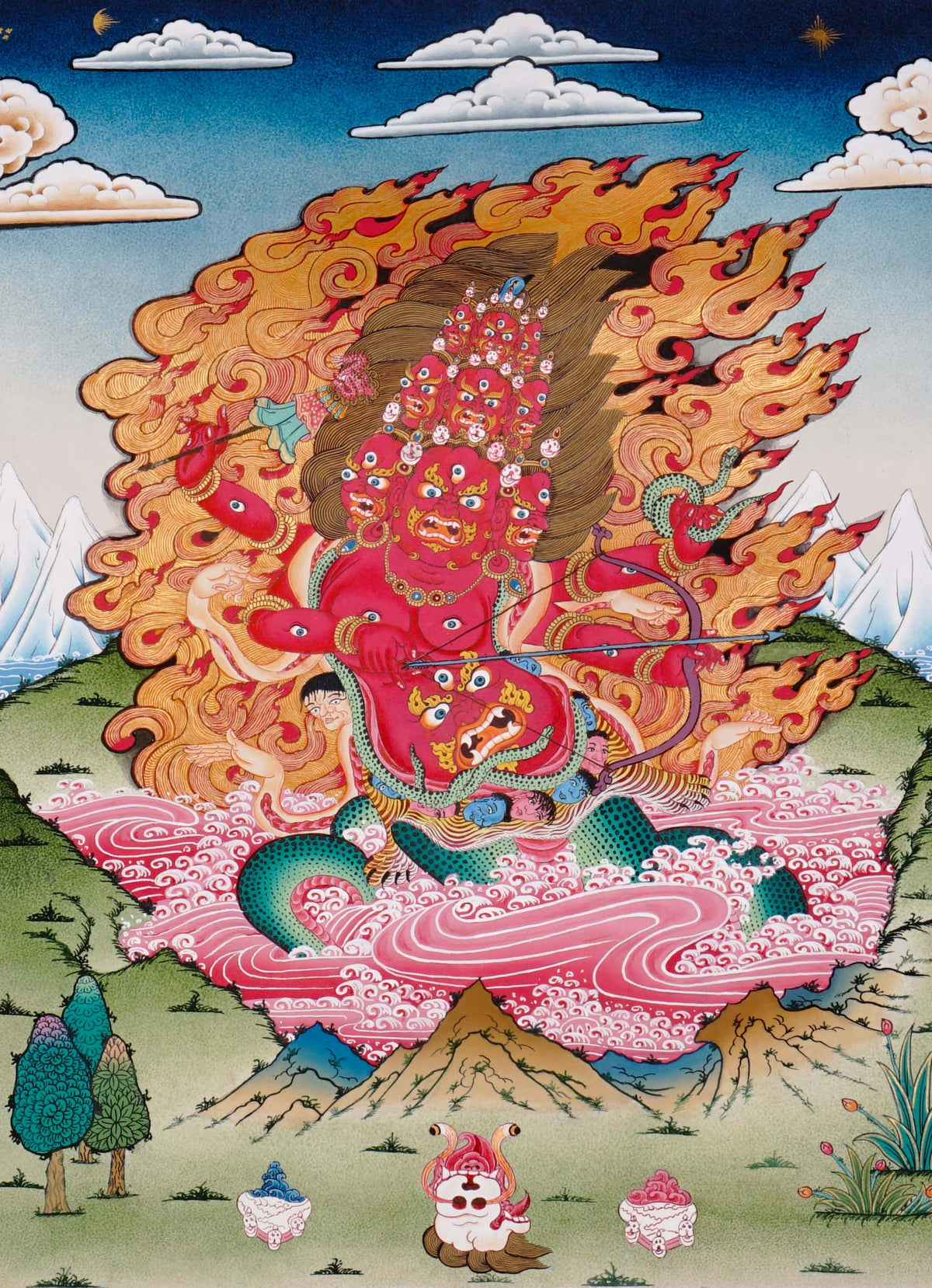 Rahula Thangka depicting the wrathful Dharma Protector with multiple faces, countless eyes, serpent body, and blazing wisdom flames in traditional Tibetan Buddhist art.