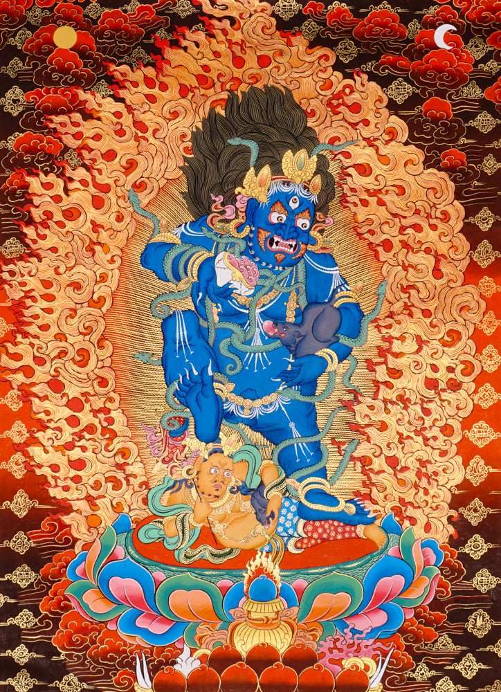 Hand-painted Black Zambhala thangka showing wrathful blue deity with flames, mongoose, and skull cup.