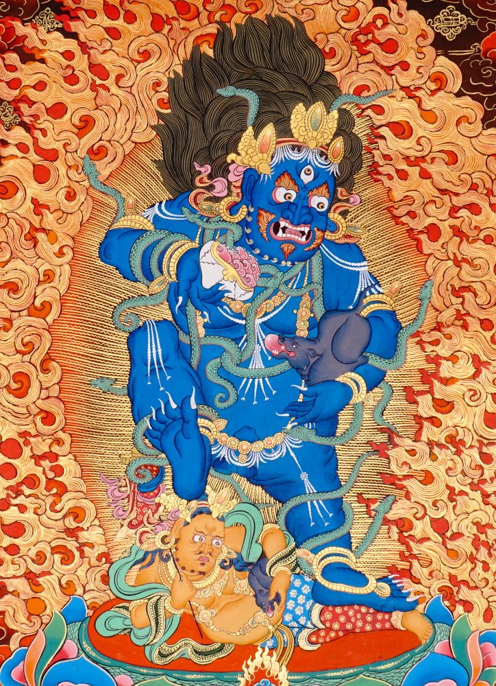 Hand-painted Black Zambhala thangka showing wrathful blue deity with flames, mongoose, and skull cup.