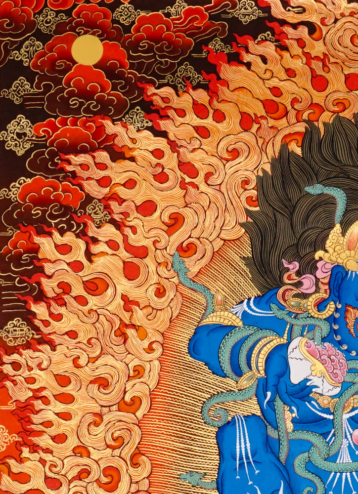 Hand-painted Black Zambhala thangka showing wrathful blue deity with flames, mongoose, and skull cup.