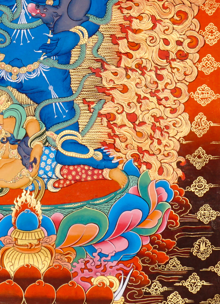 Hand-painted Black Zambhala thangka showing wrathful blue deity with flames, mongoose, and skull cup.