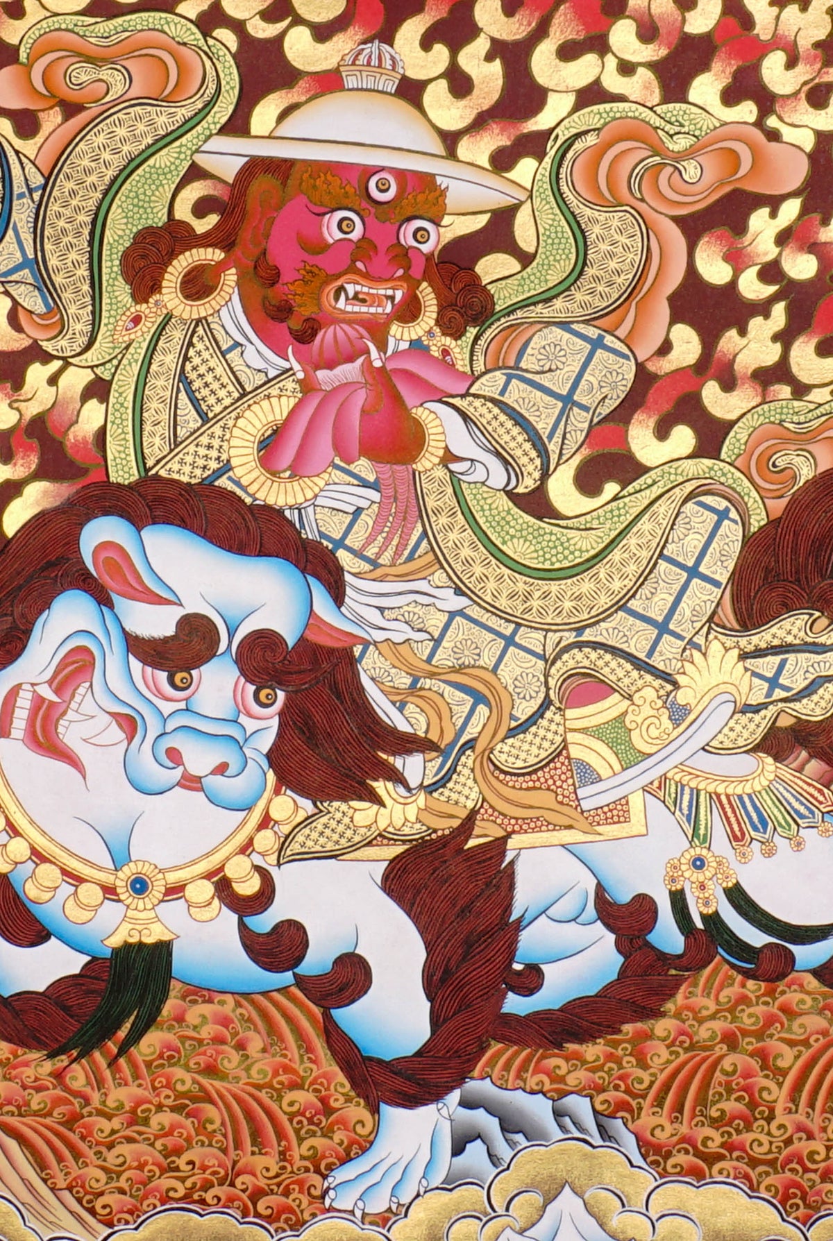 Dorje Drolö Thangka depicting the wrathful manifestation of Guru Rinpoche riding a white tigress amidst wisdom flames and sacred clouds.