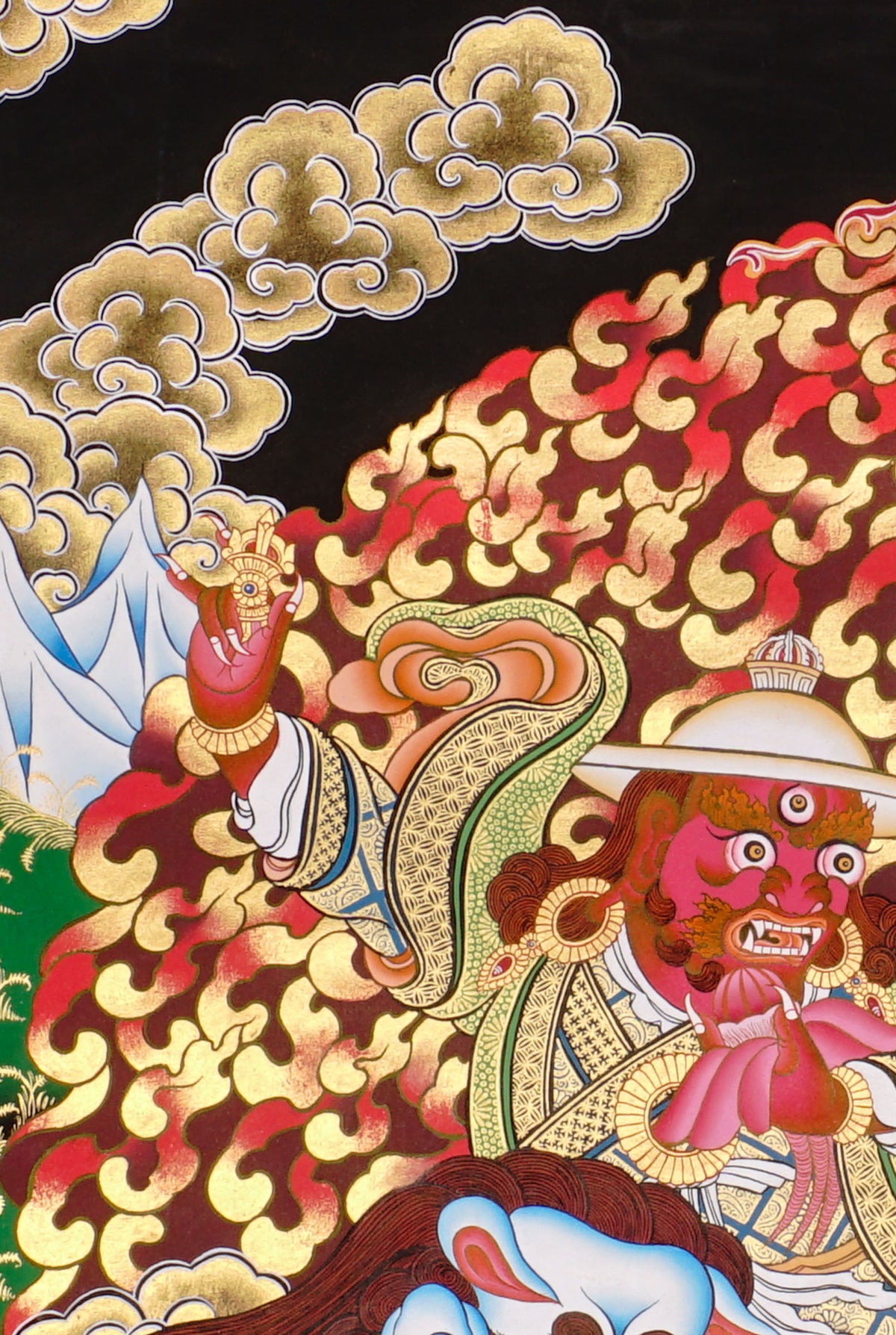 Dorje Drolö Thangka depicting the wrathful manifestation of Guru Rinpoche riding a white tigress amidst wisdom flames and sacred clouds.