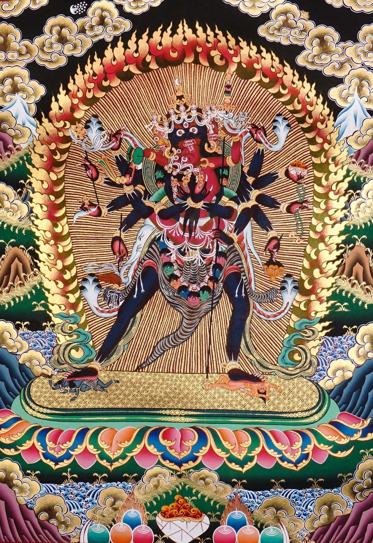 Chakrasamvara Thangka depicting the multi-armed tantric deity in union with Vajravarahi, surrounded by wisdom flames and sacred symbolism in traditional Tibetan Buddhist art.