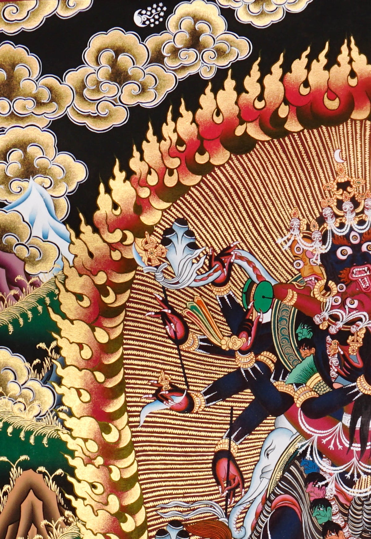 Chakrasamvara Thangka depicting the multi-armed tantric deity in union with Vajravarahi, surrounded by wisdom flames and sacred symbolism in traditional Tibetan Buddhist art.