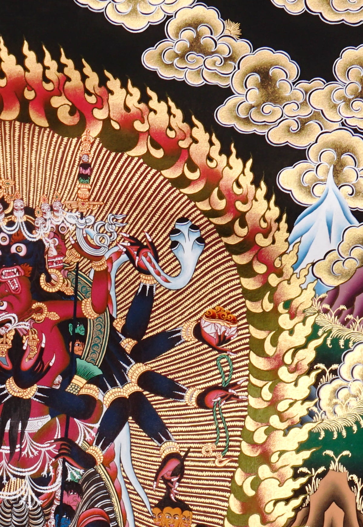 Chakrasamvara Thangka depicting the multi-armed tantric deity in union with Vajravarahi, surrounded by wisdom flames and sacred symbolism in traditional Tibetan Buddhist art.