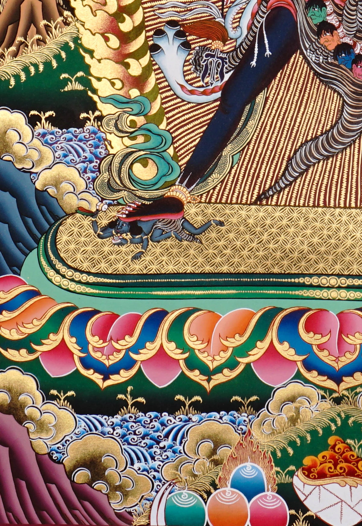 Chakrasamvara Thangka depicting the multi-armed tantric deity in union with Vajravarahi, surrounded by wisdom flames and sacred symbolism in traditional Tibetan Buddhist art.