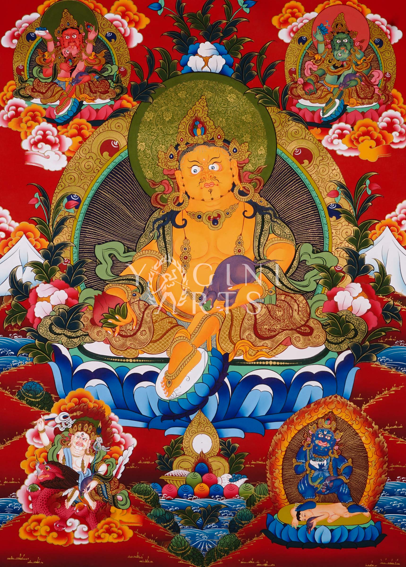 Yellow Zambhala Tibetan thangka featuring the Buddhist deity of wealth seated on a lotus throne with sacred gold detailing and prosperity symbolism