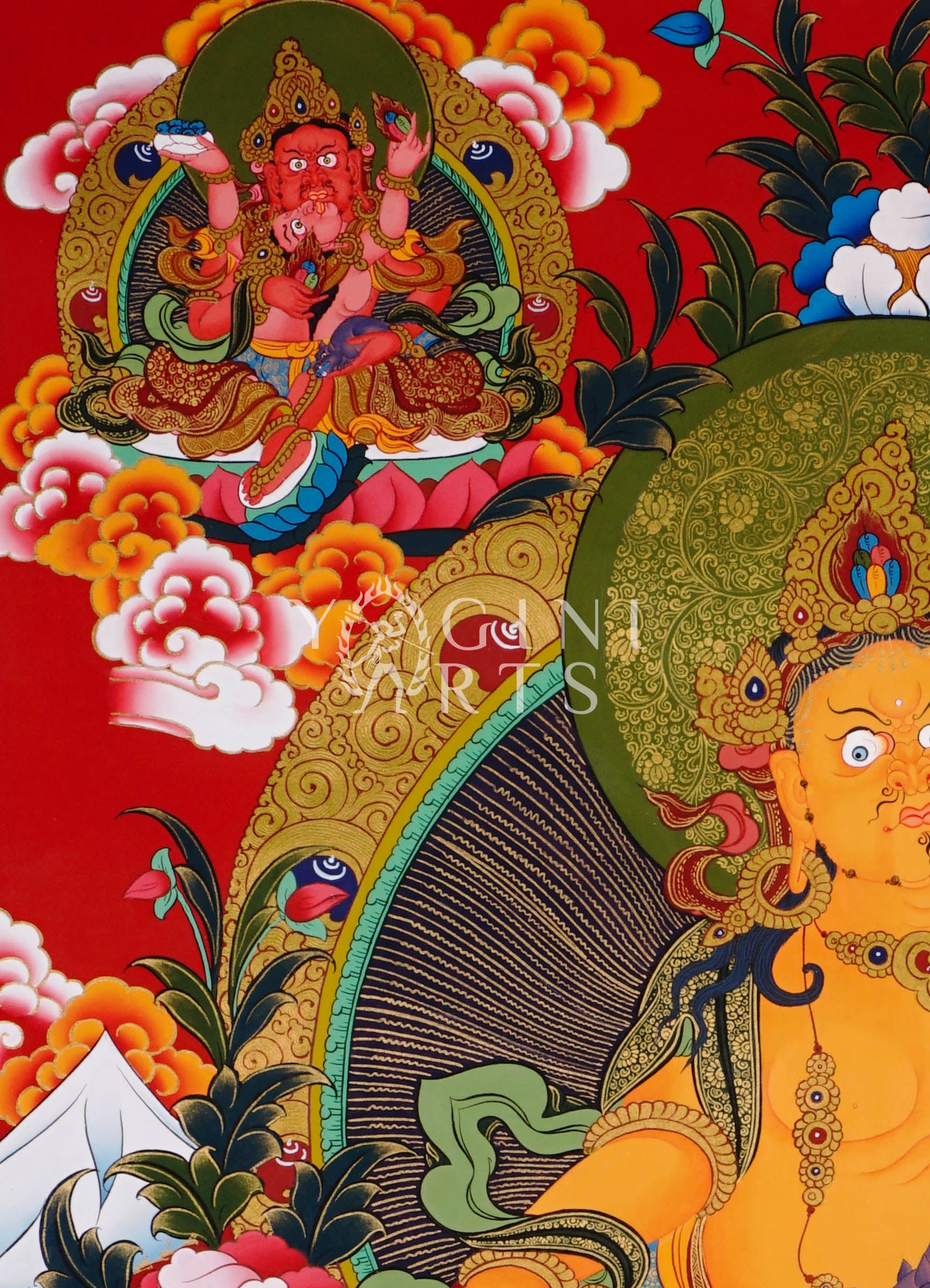 Yellow Zambhala Tibetan thangka featuring the Buddhist deity of wealth seated on a lotus throne with sacred gold detailing and prosperity symbolism